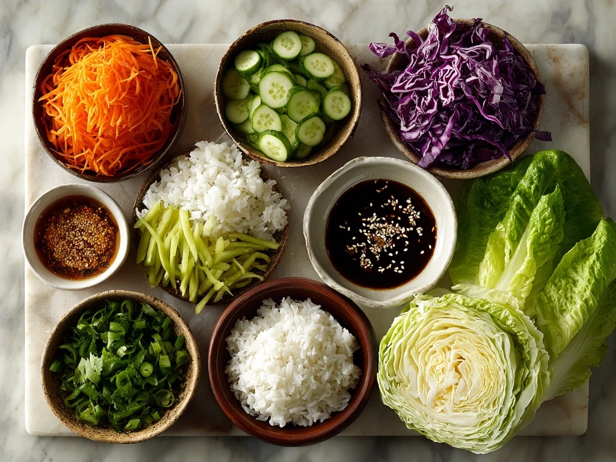 Ingredients for making a healthy veggie wrap including tortillas, fresh vegetables and hummus