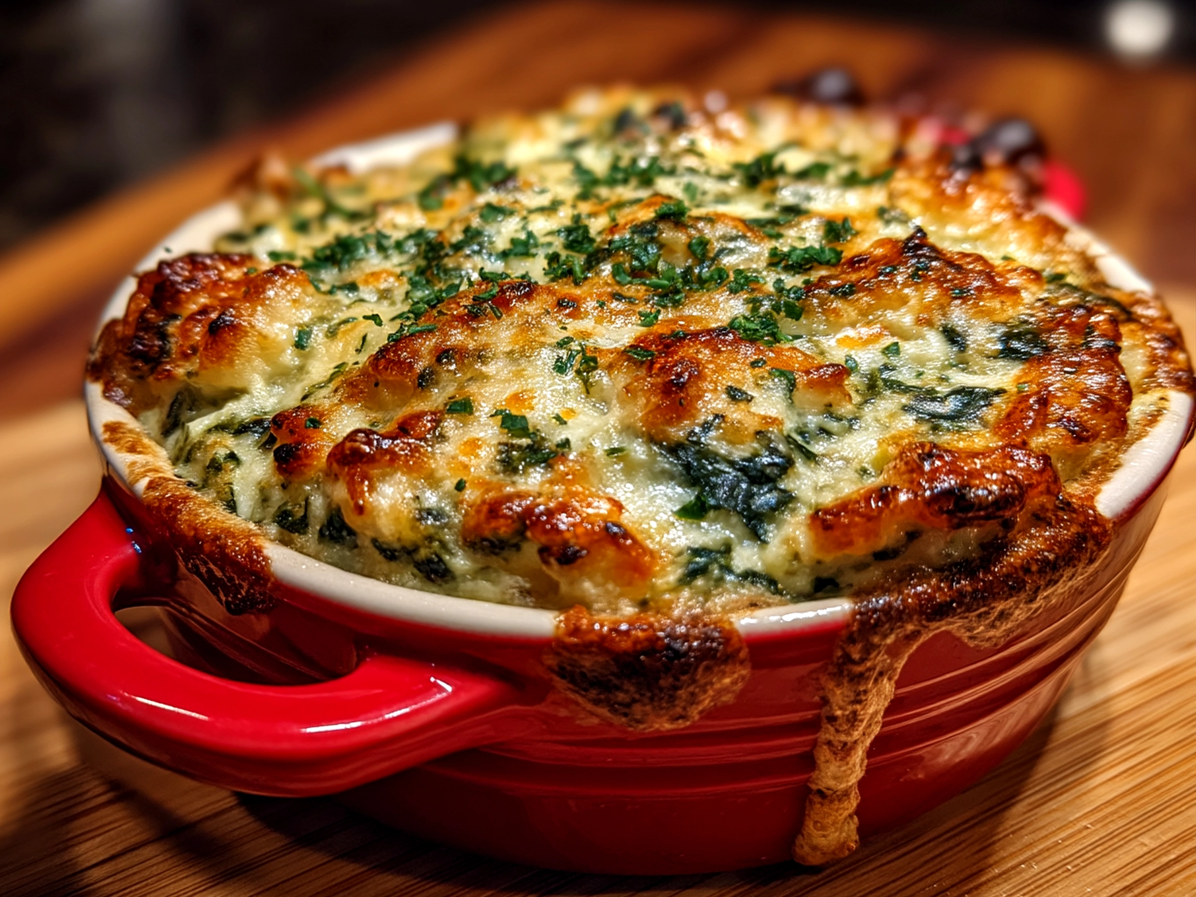 Close up of finished comforting spinach and artichoke dip served with crackers.