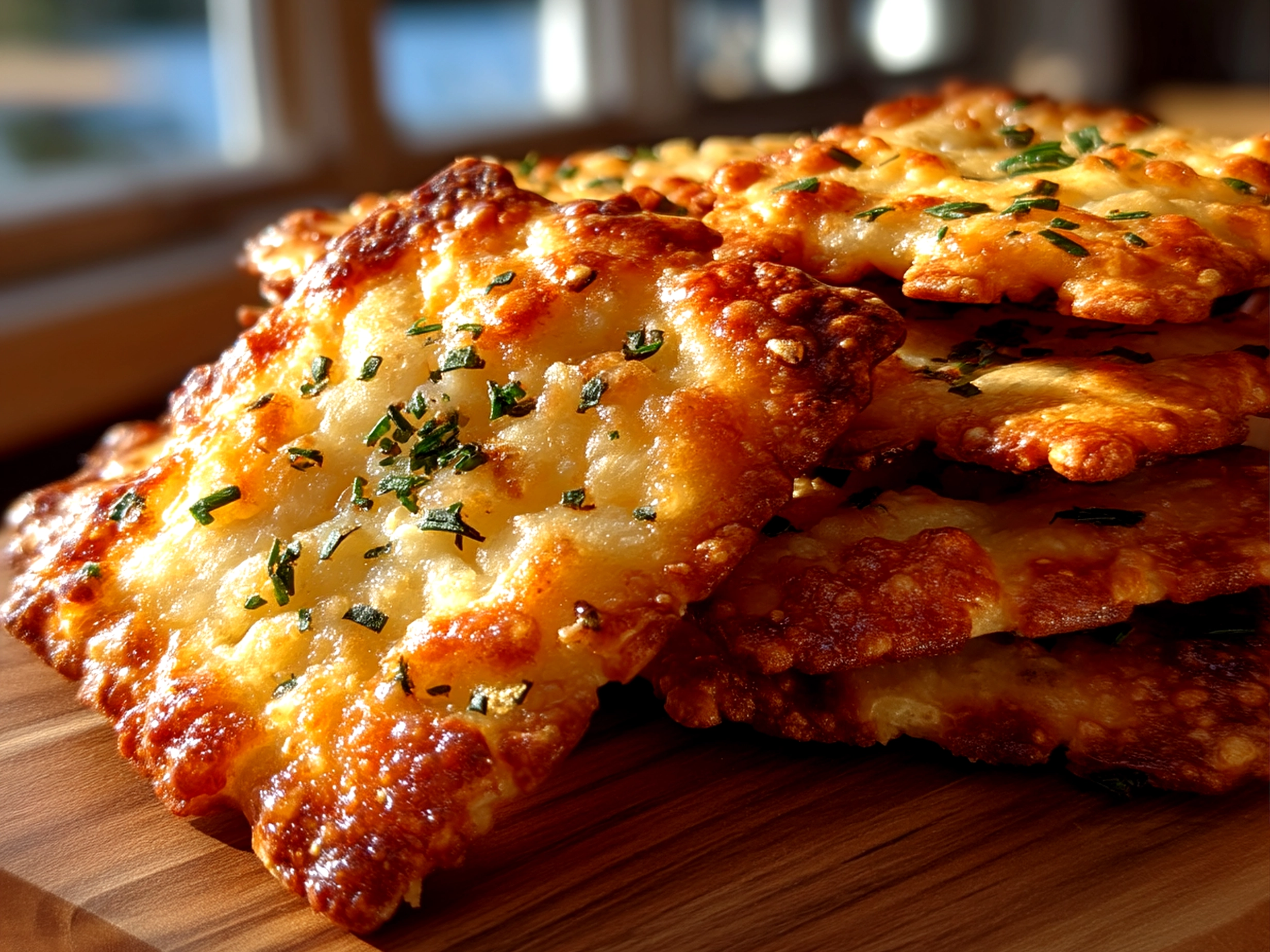 Close-up of finished delicious sourdough cheese crackers, warm and appetizing