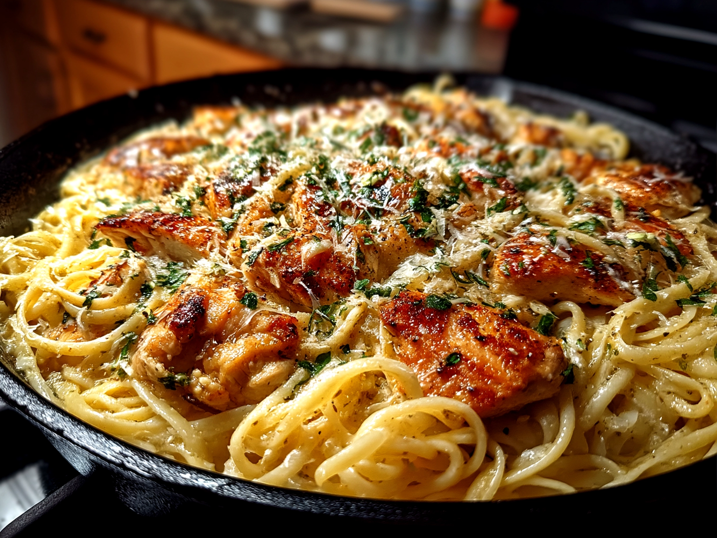 Finished homemade garlic Parmesan chicken pasta served and ready to eat