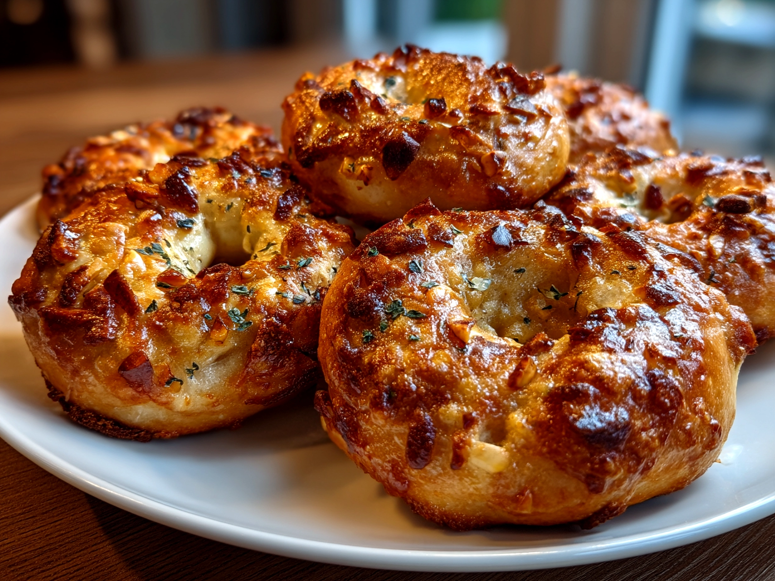 Freshly baked apple pie bagels served with cream cheese and coffee