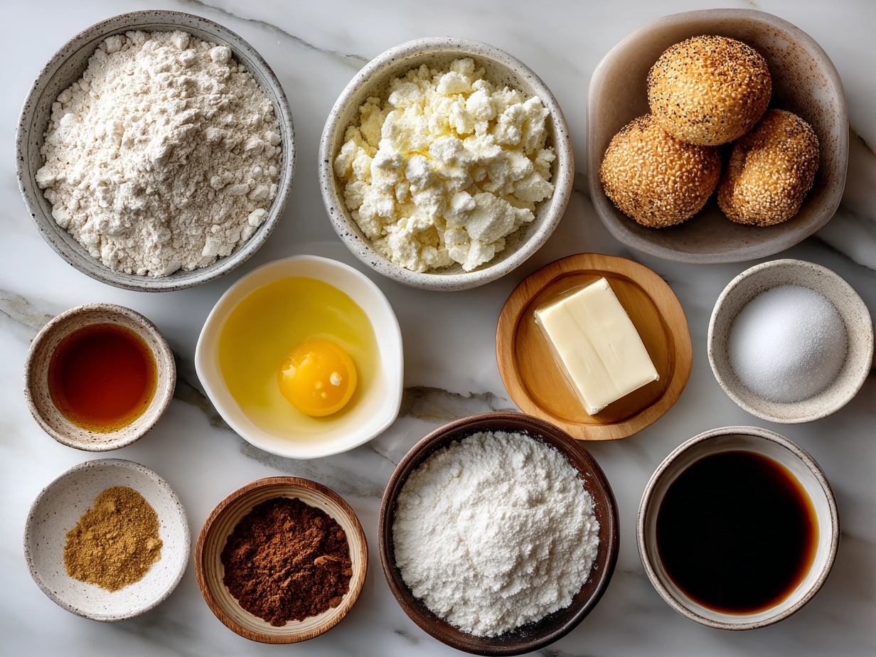 Ingredients for apple pie bagels including flour, apples, cinnamon, and butter