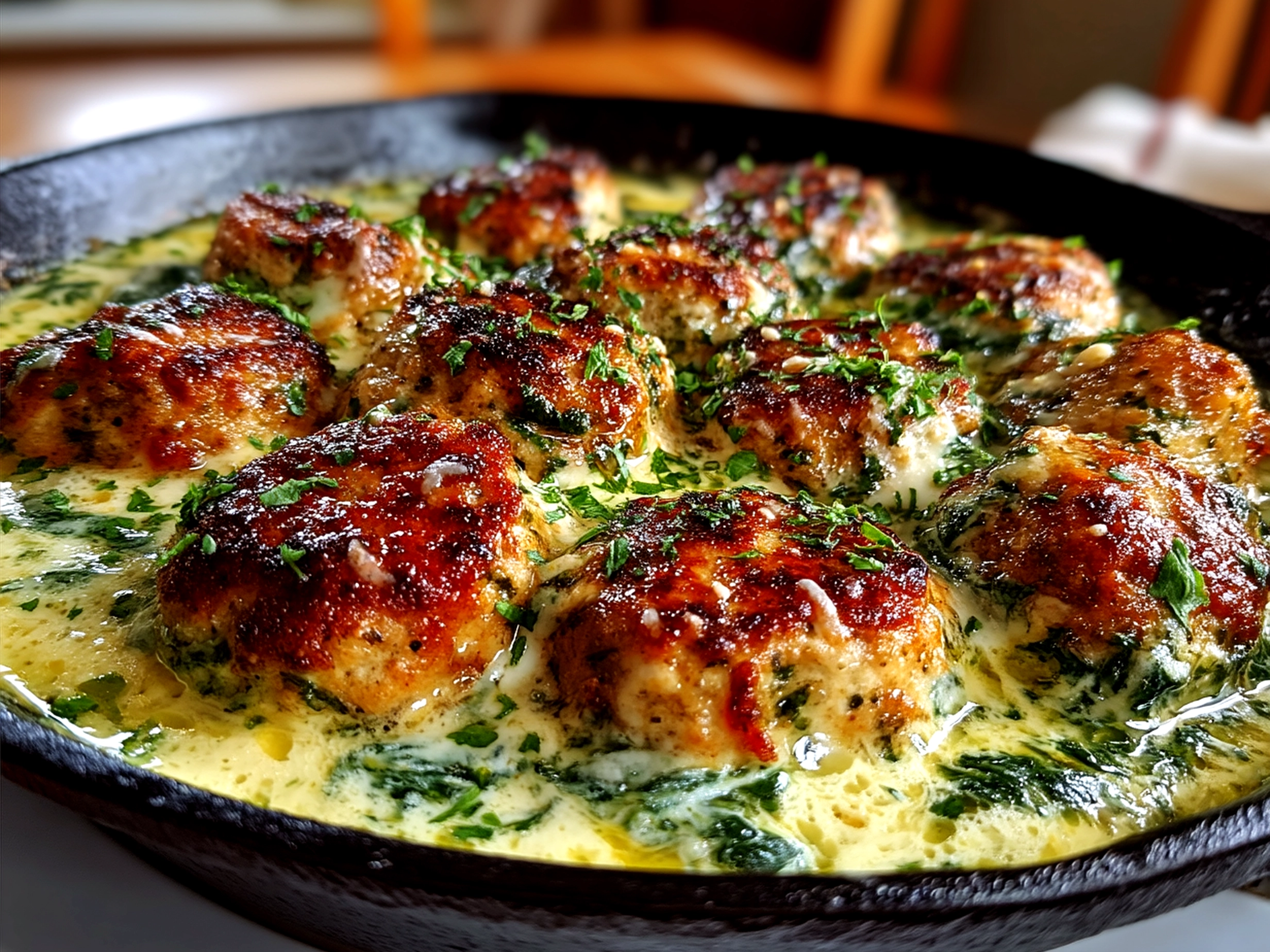 Baked Chicken Ricotta Meatballs smothered in creamy Spinach Alfredo Sauce served over pasta