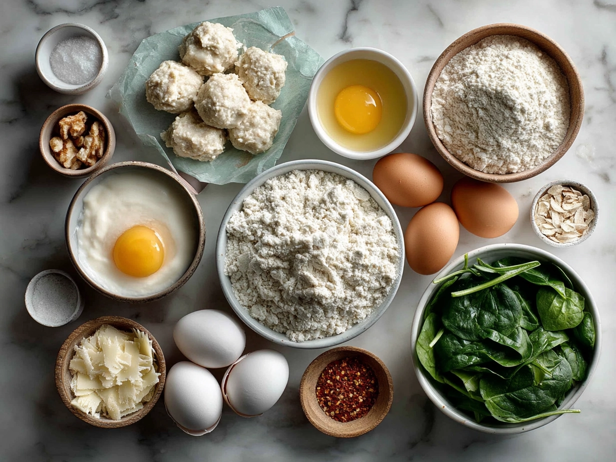 Ingredients for Baked Chicken Ricotta Meatballs smothered in a creamy Spinach Alfredo Sauce