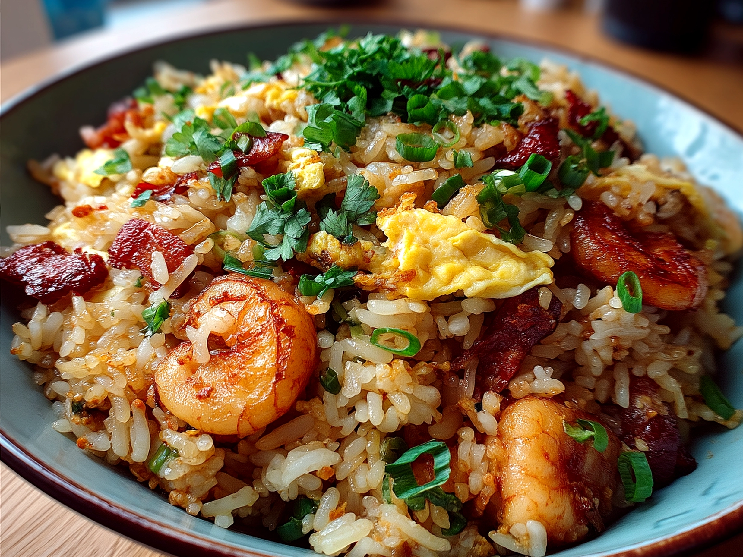 Bowl of Bang Bang Fried Rice garnished with green onions and peanuts