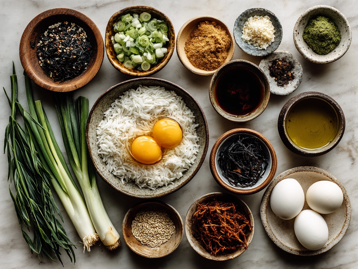 Ingredients for Bang Bang Fried Rice including rice, chicken, vegetables and sauces
