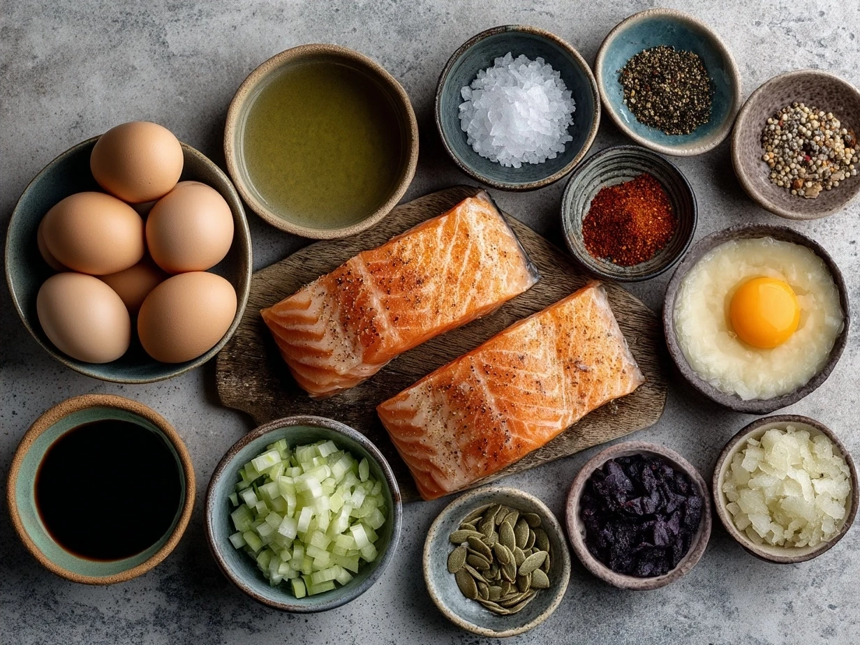 Ingredients for Bang Bang Salmon including salmon fillets, mayonnaise, sweet chili sauce, sriracha, cornstarch, and oil