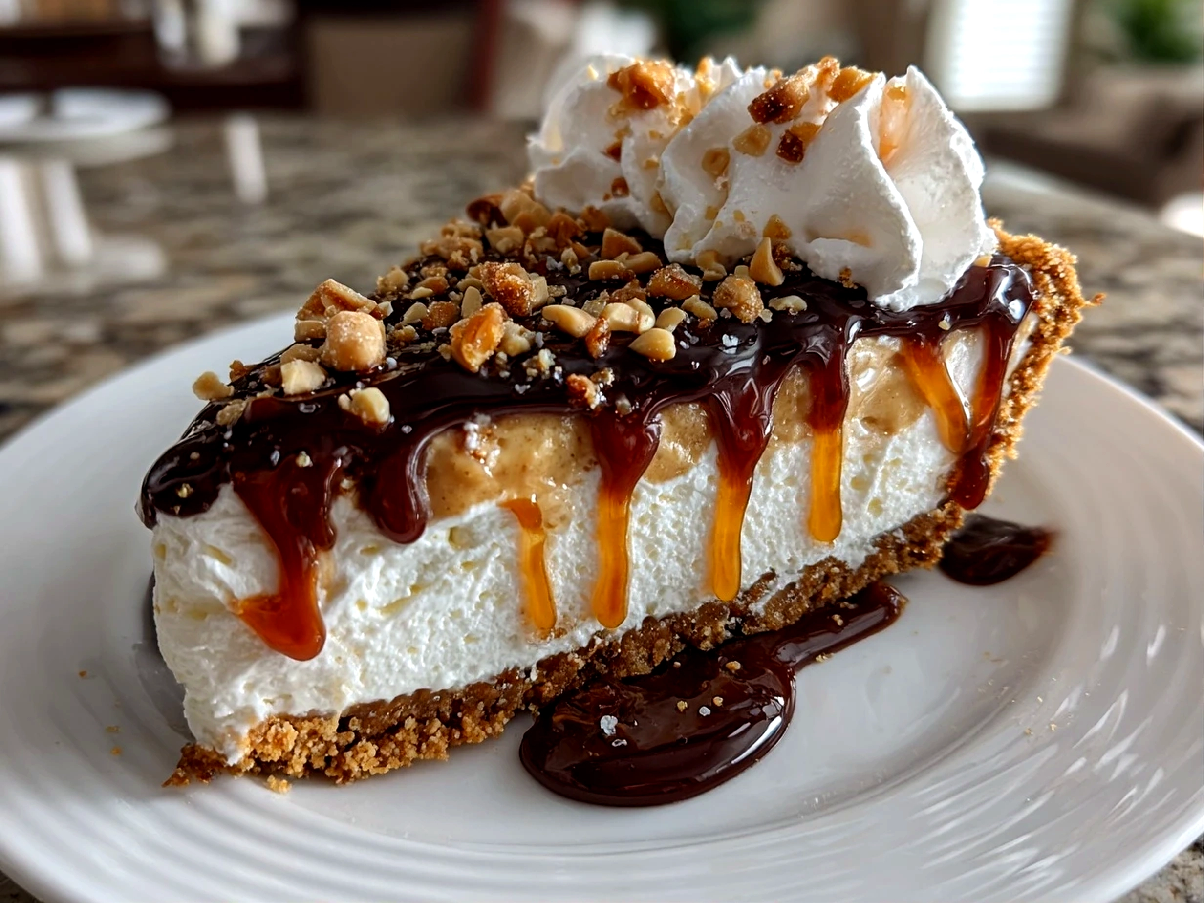 Beautiful freshly prepared peanut butter pie on white plate