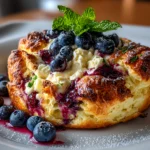 Beautiful homemade Cottage Cheese Blueberry Cloud Bread on white plate