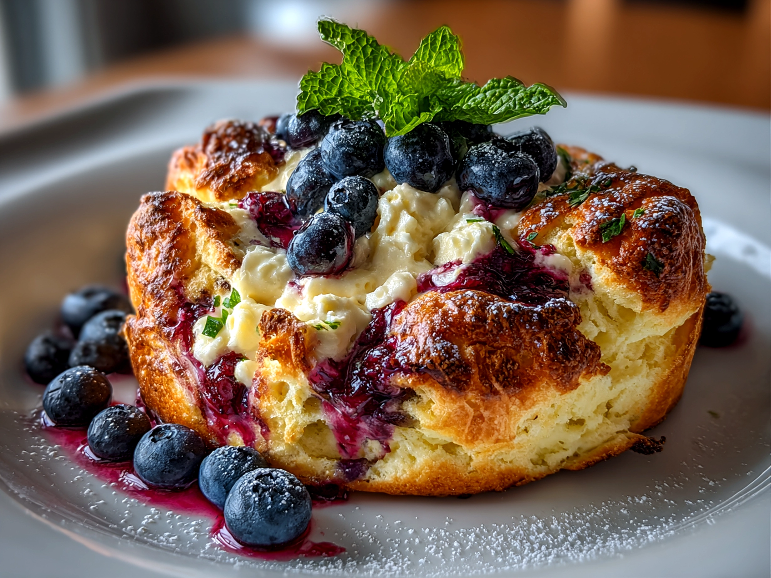 Beautiful homemade Cottage Cheese Blueberry Cloud Bread on white plate