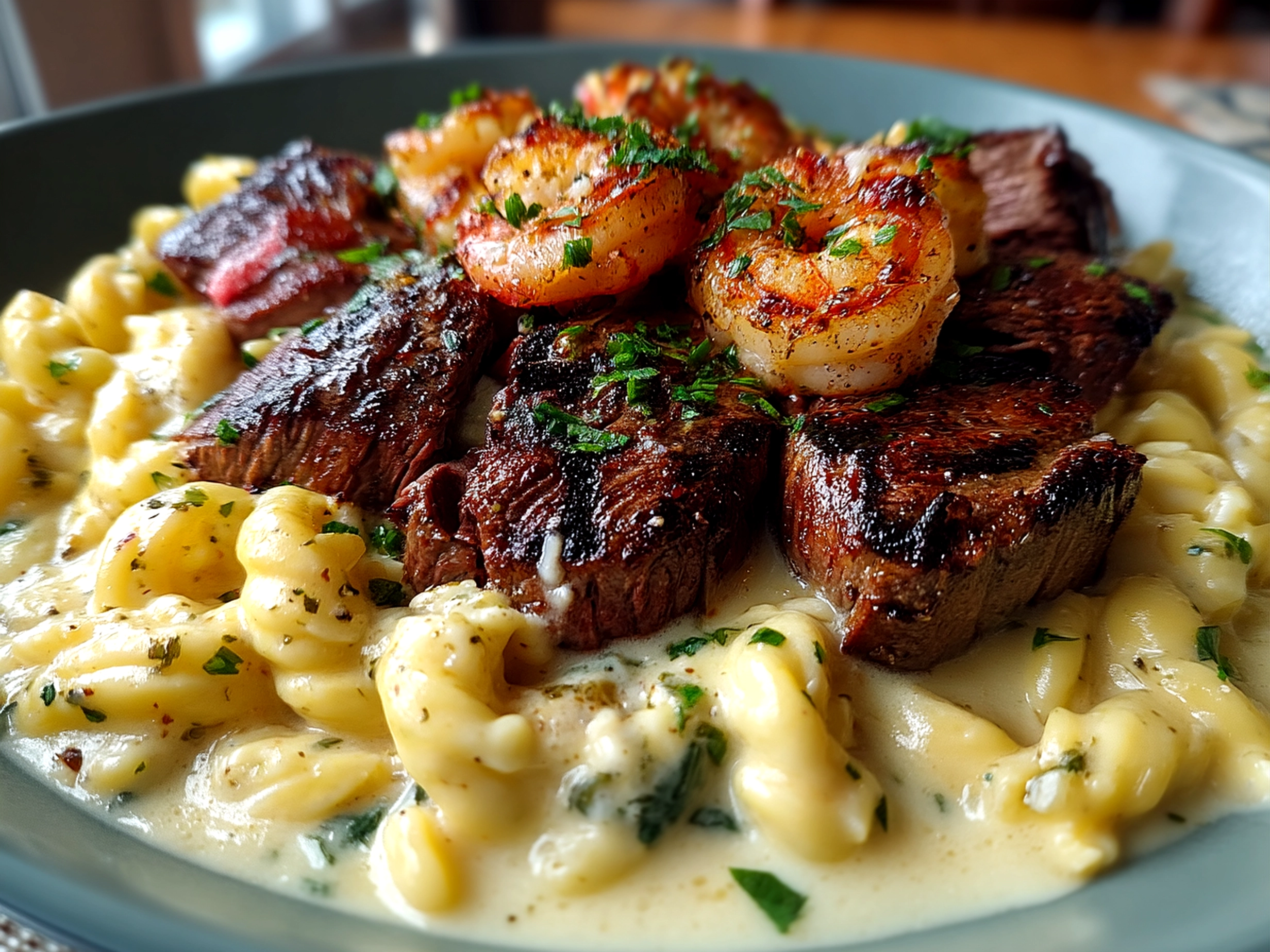 Blackened Steak Shrimp Alfredo plated with creamy sauce and fresh parsley garnish