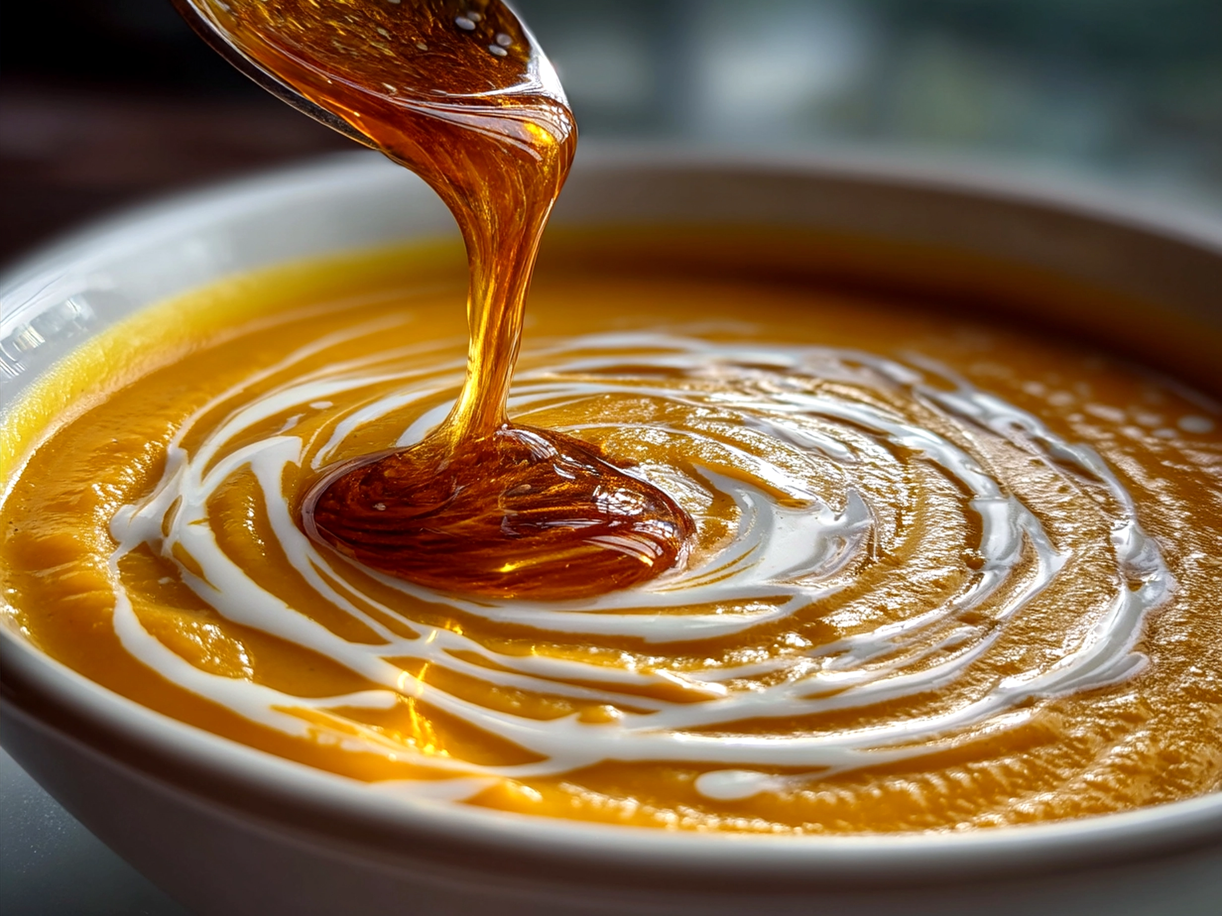 Serving bowl of creamy Butternut Squash Soup with toasted pumpkin seeds