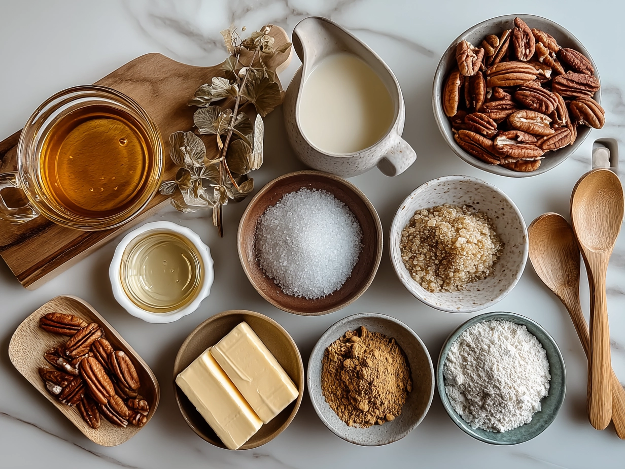 Ingredients for Caramel Butter Pecan Praline Poke Cake laid out on a kitchen counter