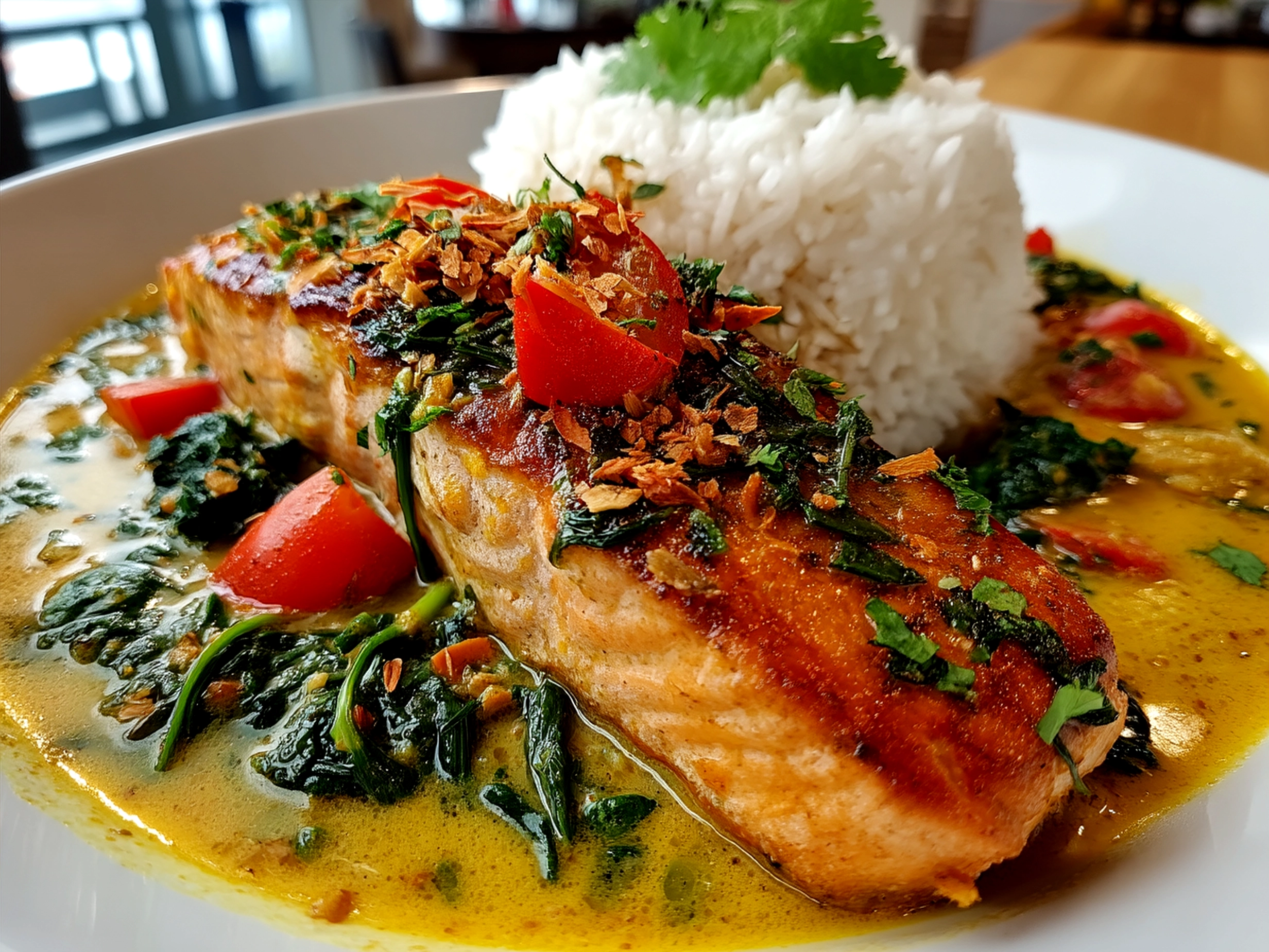 Serving of Caribbean-Style Coconut Curry Salmon over rice with garnish