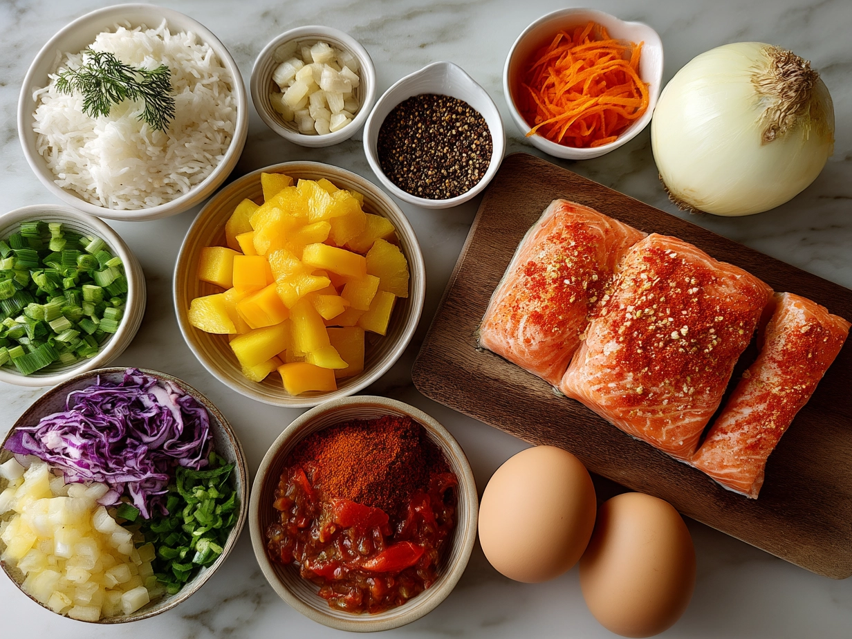 Ingredients for Caribbean-Style Coconut Curry Salmon including salmon fillets, spices, coconut milk, and vegetables