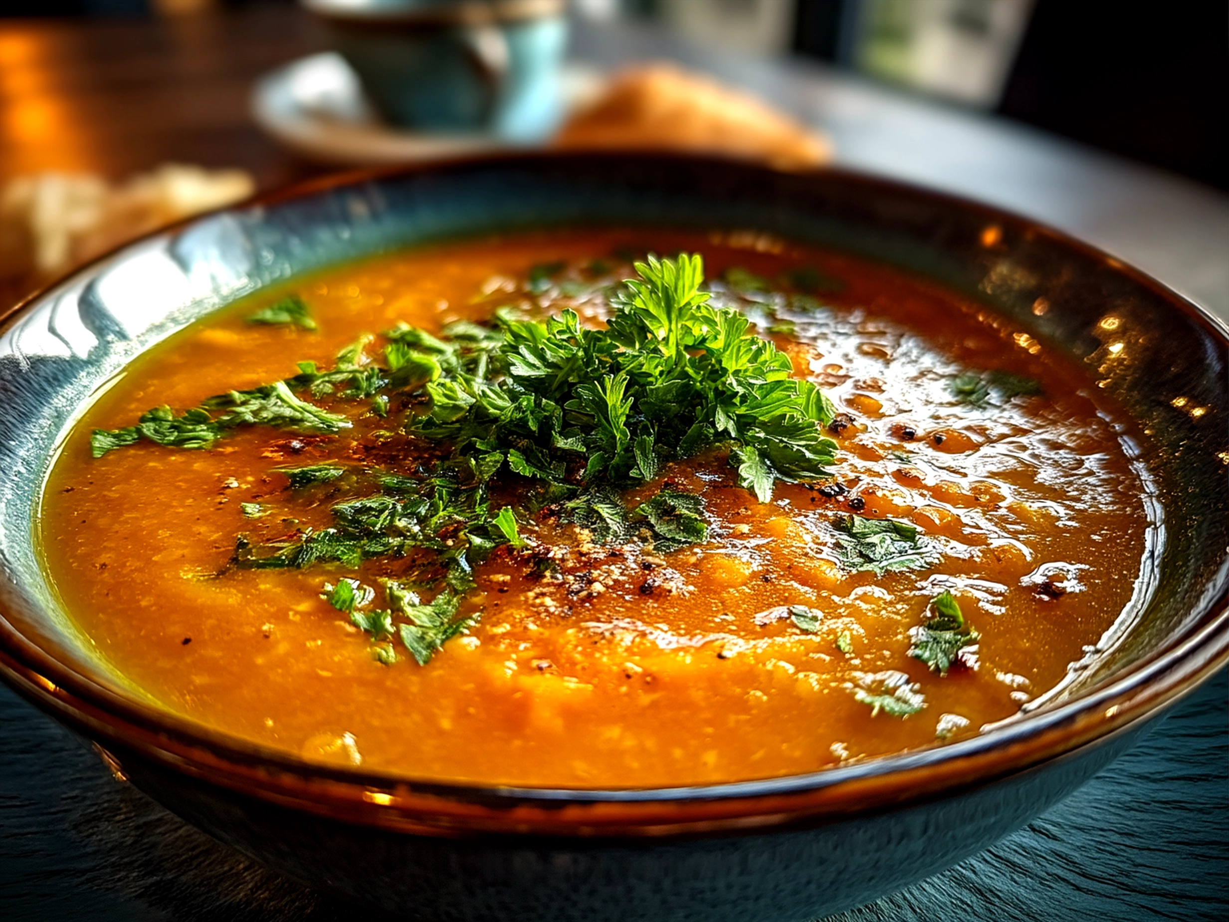 Bowl of warm Carrot and Lentil Soup garnished with herbs and served with bread