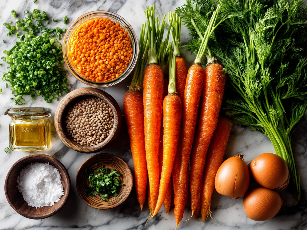 Ingredients for Carrot and Lentil Soup: carrots, lentils, spices, onion, garlic, lemon, vegetable broth and oils