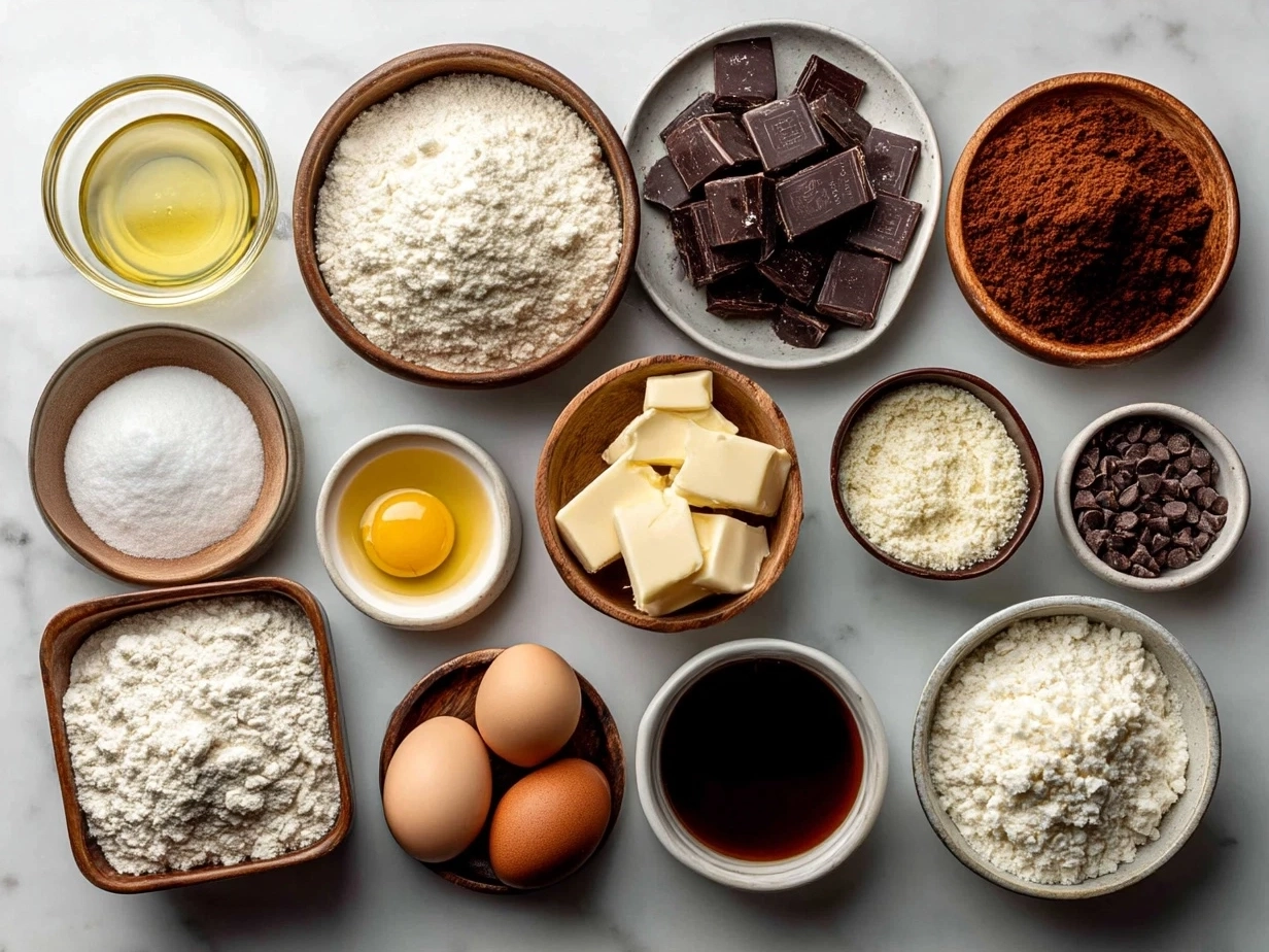 Ingredients for Chocolate Puff Pastry on a wooden table