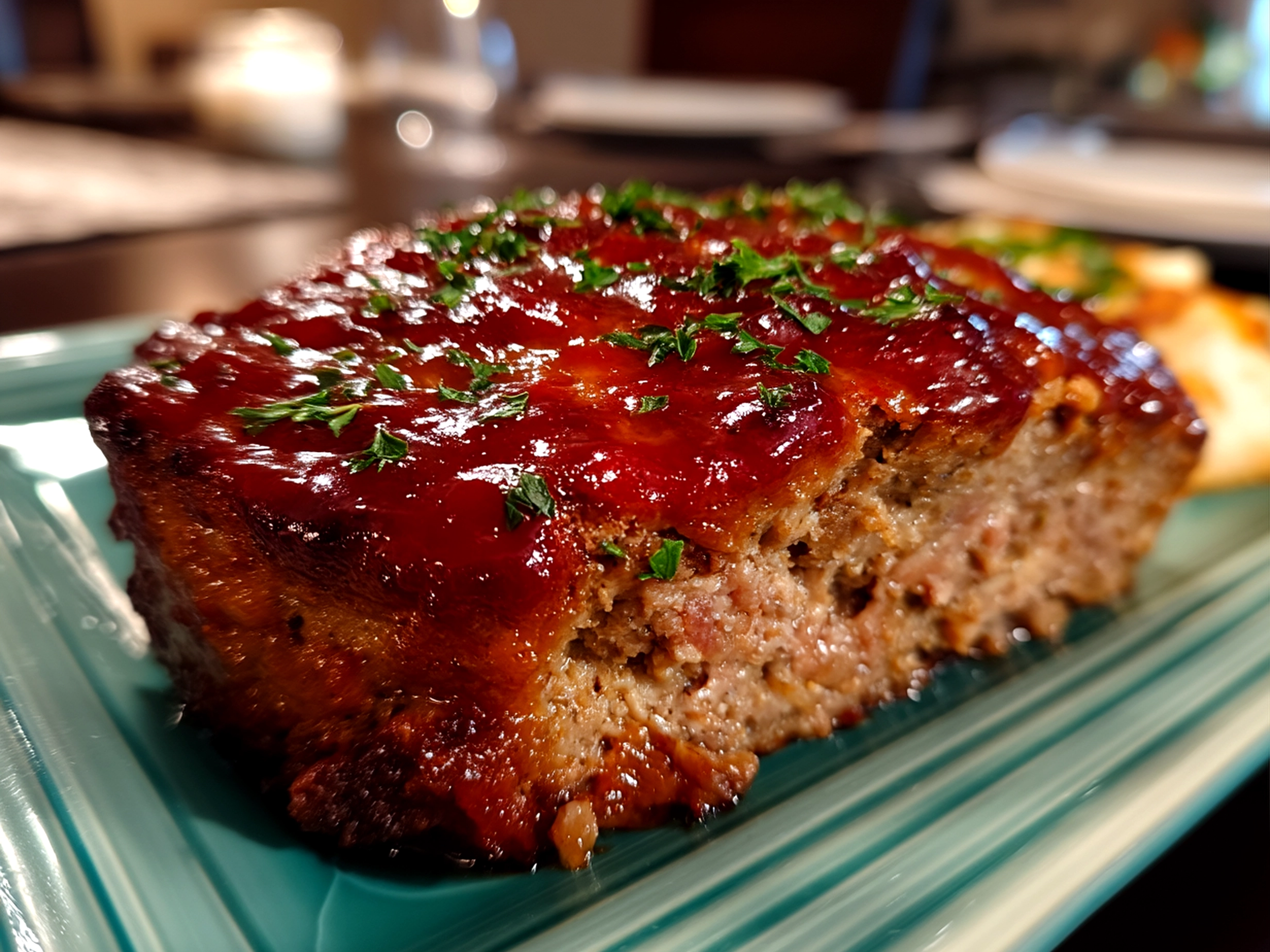 Classic Meatloaf slices served with mashed potatoes and vegetables