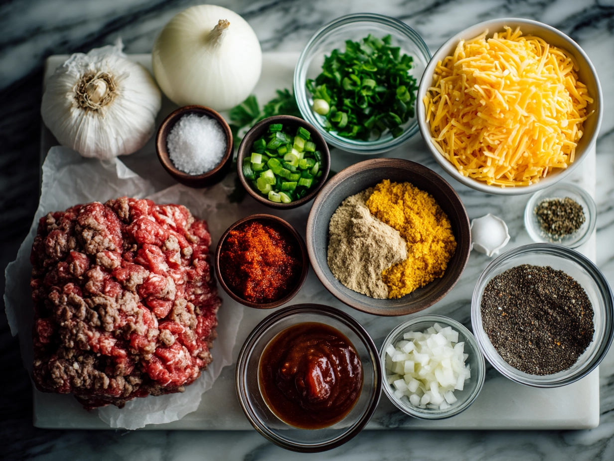 Ingredients for Classic Meatloaf laid out on a kitchen counter