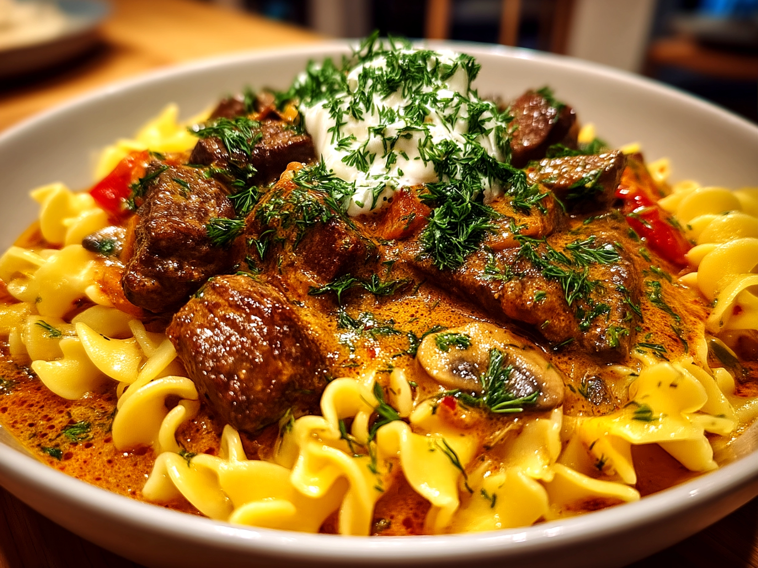 Close-up of finished Gordon Ramsay Beef Stroganoff plated and garnished with parsley