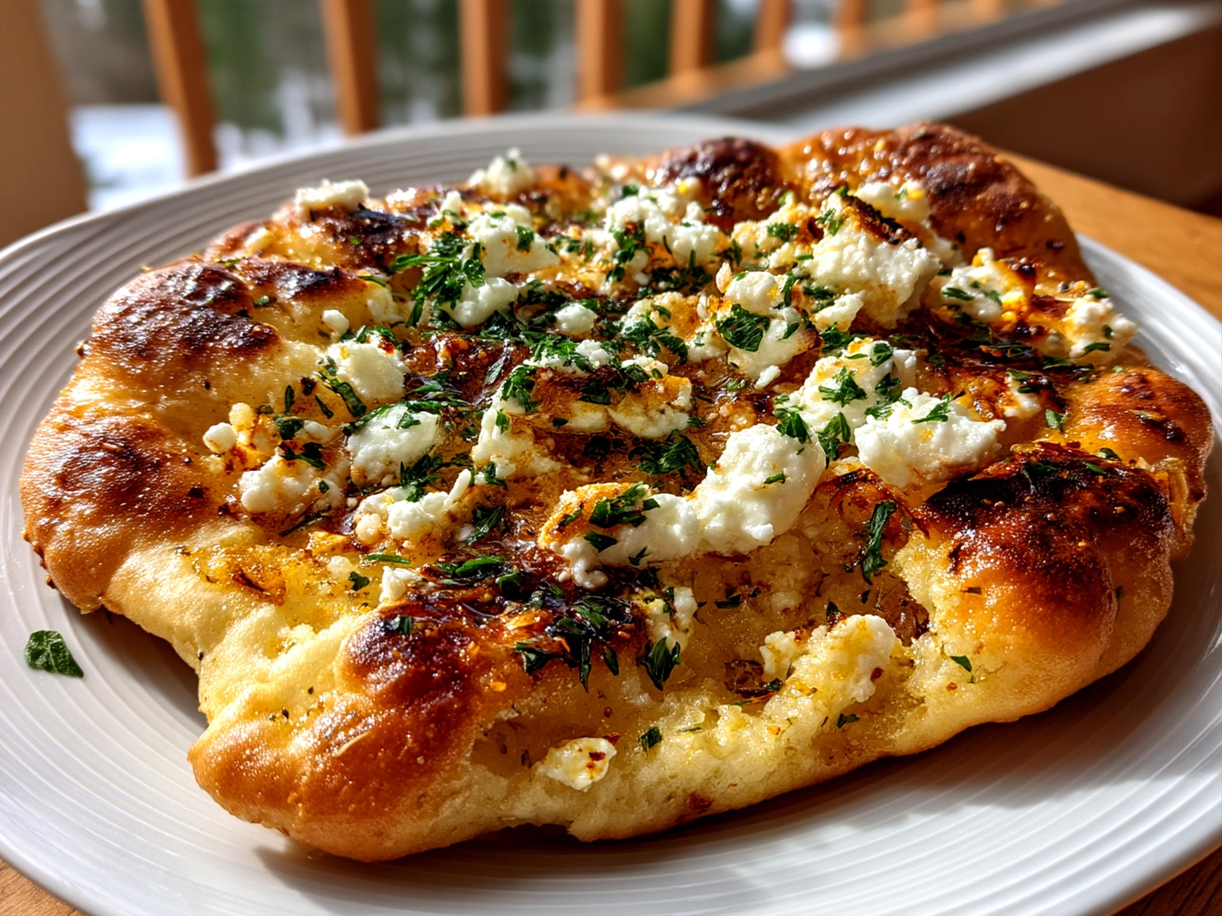 Close-up of freshly cooked garlic cottage cheese naan with melted butter and herbs