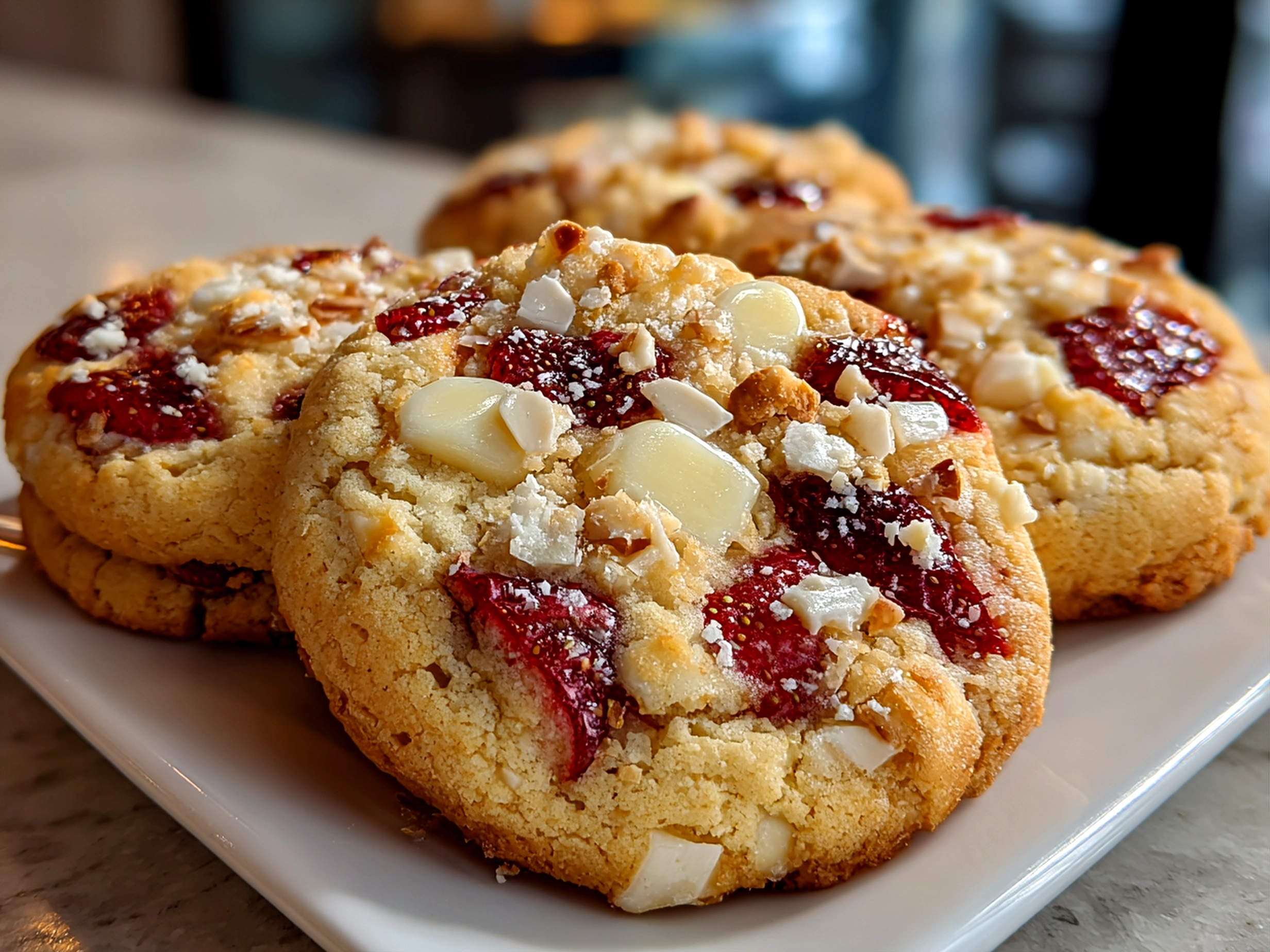 Close-up of freshly baked strawberry cheesecake cookies
