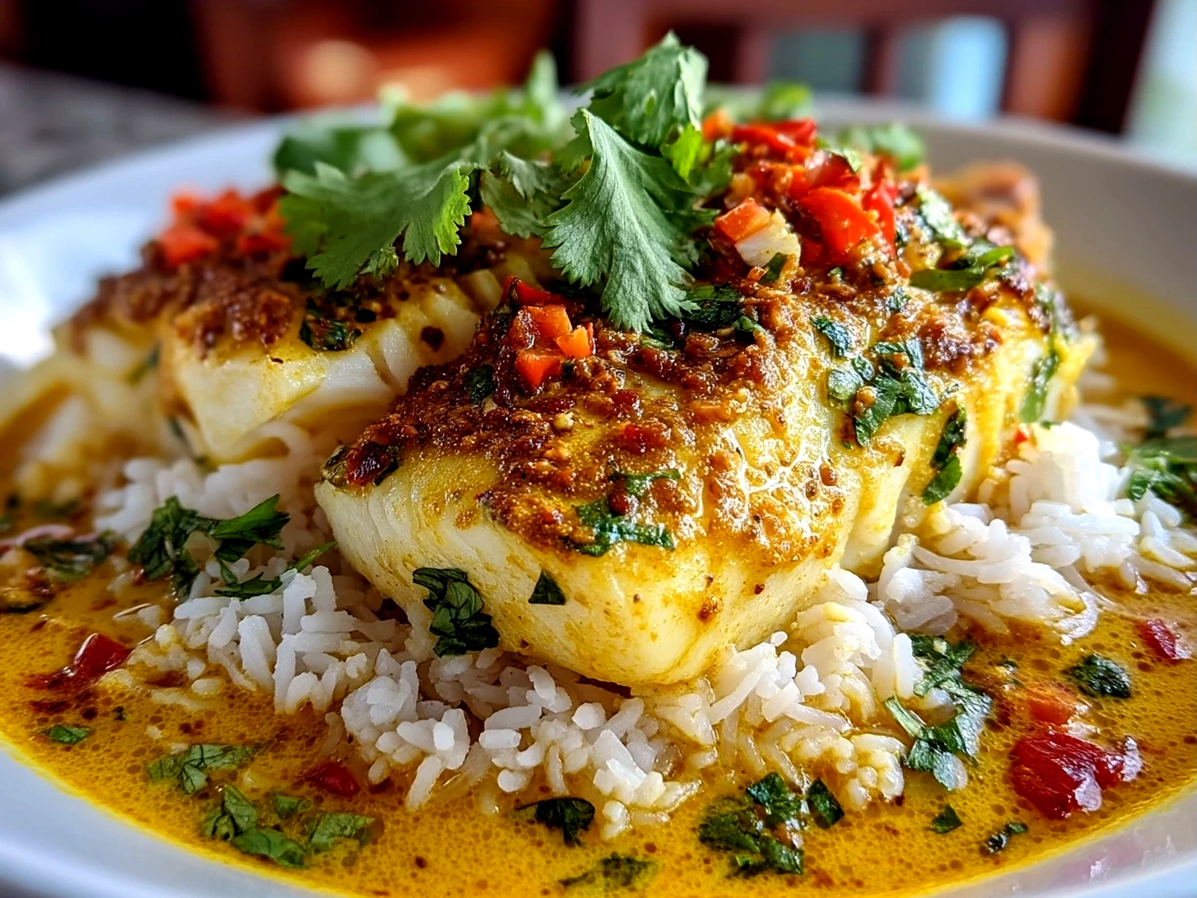 Coconut Curry Baked Cod served with rice and garnished with cilantro on a plate