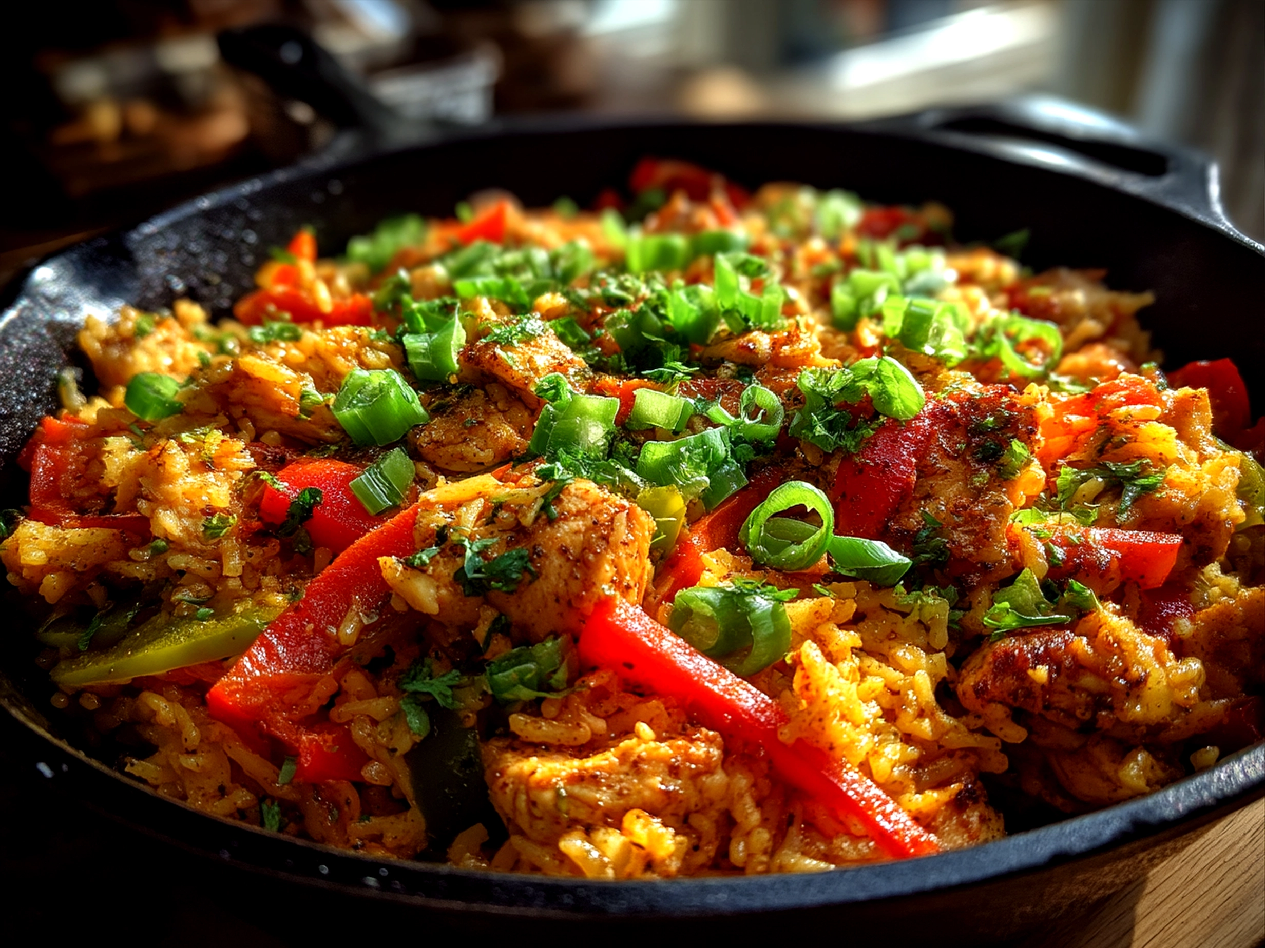 Serving colorful Chicken Fajita Rice garnished with fresh cilantro and lime wedges