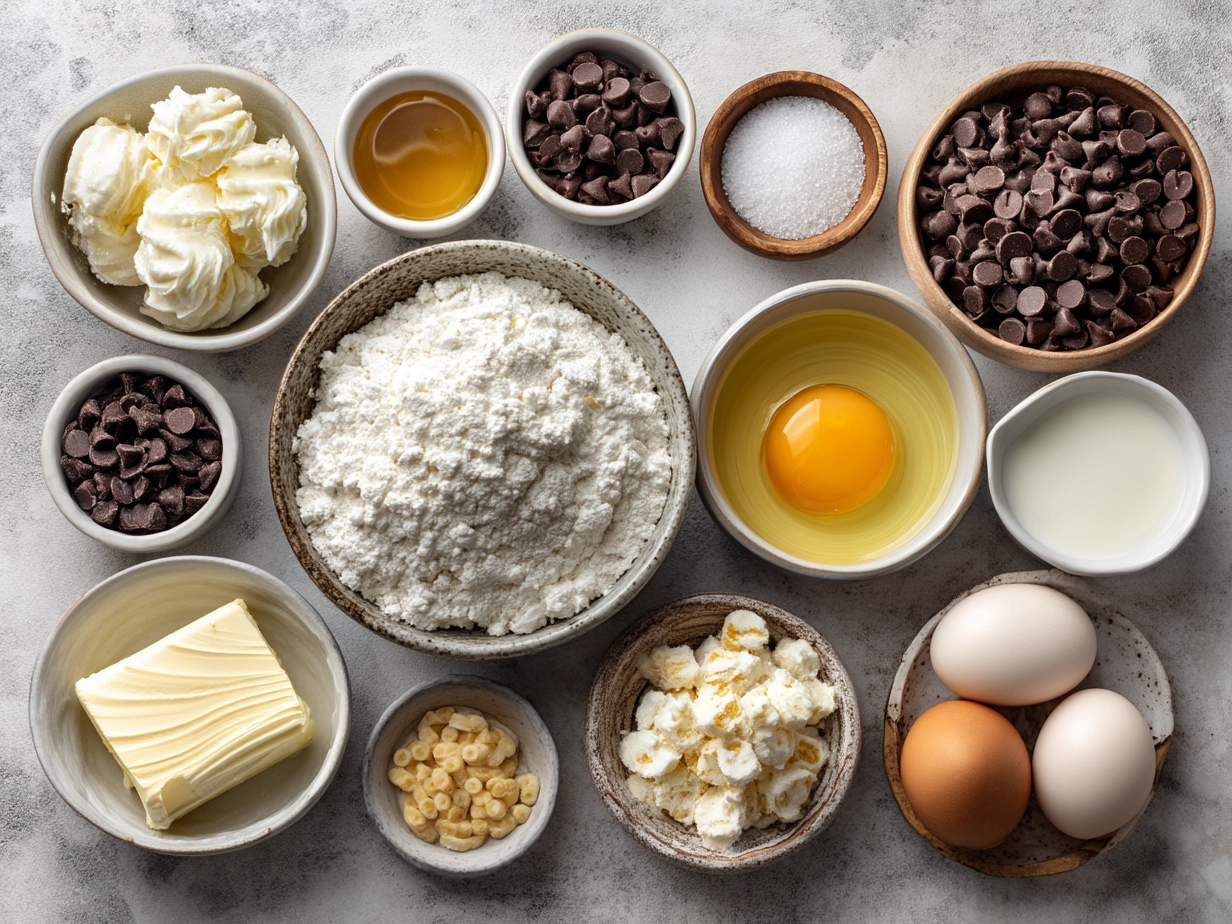 Ingredients for Cookie Dough Greek Yogurt with Chocolate Chips including Greek yogurt, almond flour, chocolate chips, honey, and vanilla extract