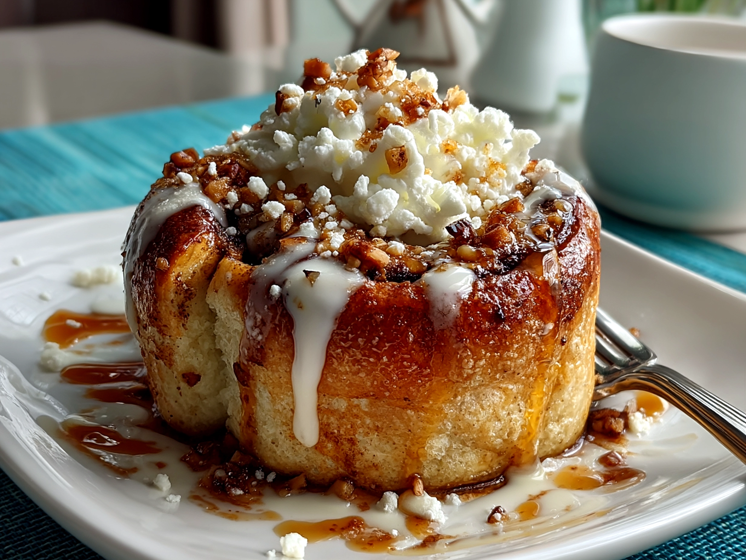 Freshly made Cottage Cheese Cinnamon Roll Mug Cake ready to serve