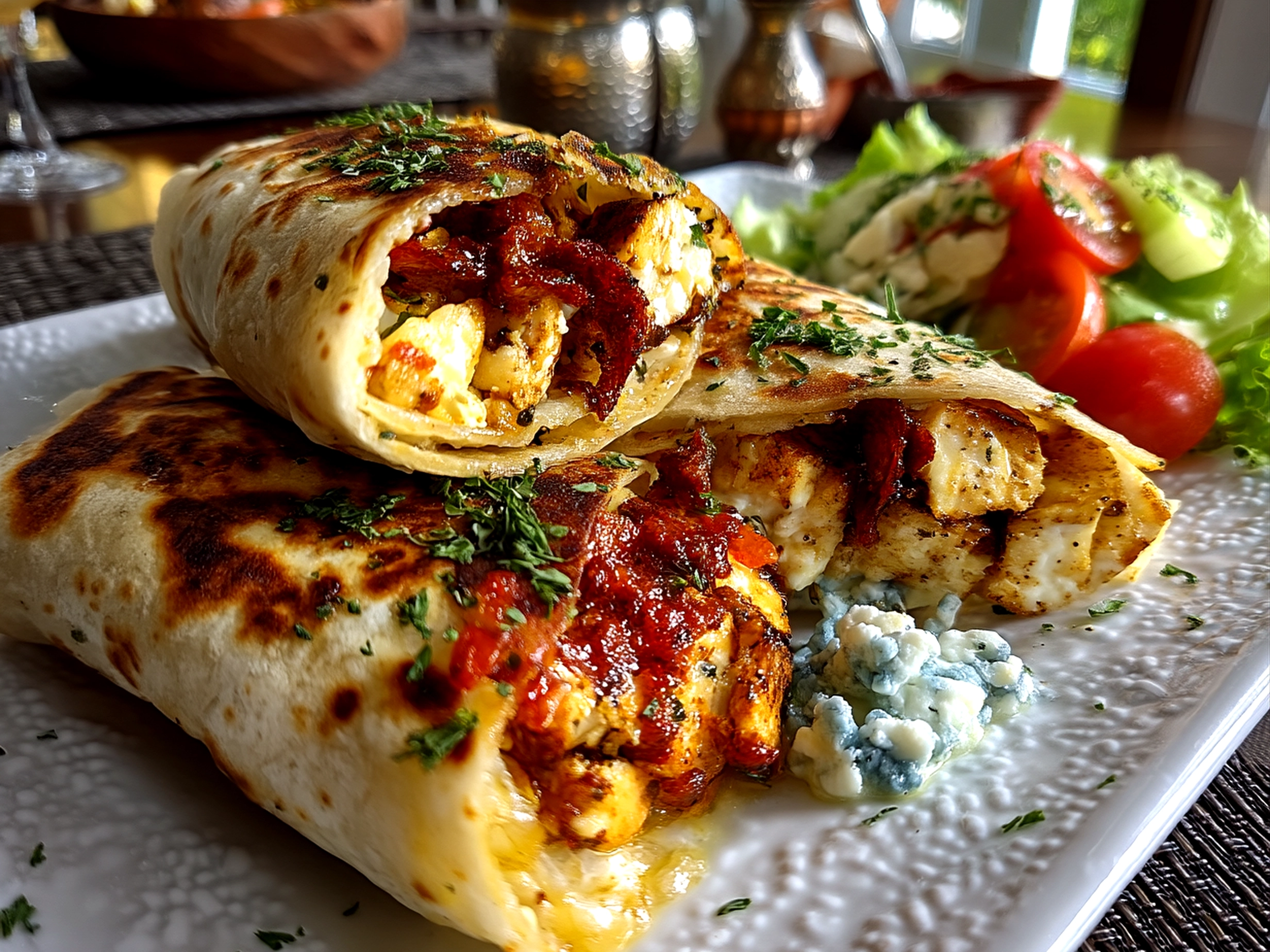 Served Cottage Cheese Wraps with fresh vegetables on a plate