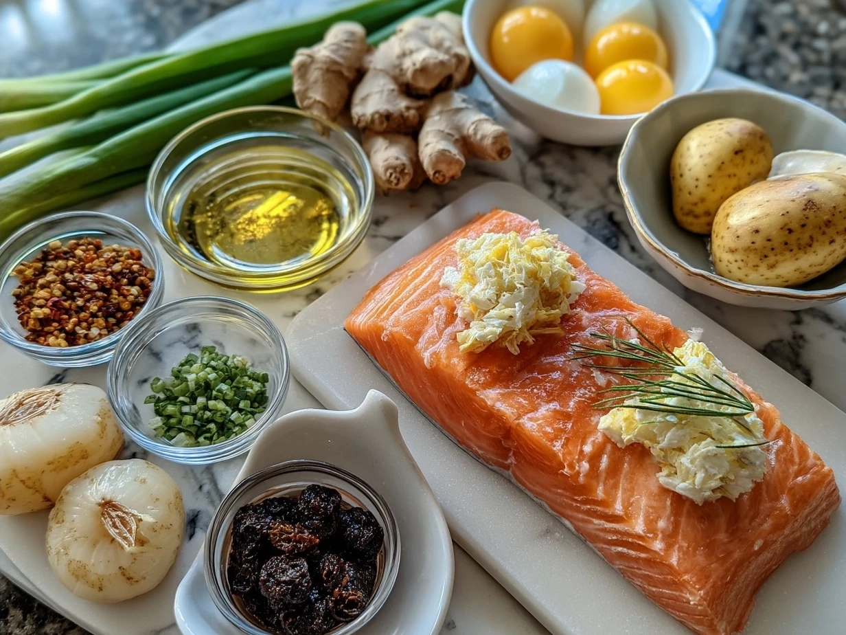 Ingredients for Crab And Shrimp Stuffed Salmon including salmon fillets, crab meat, shrimp, breadcrumbs and herbs