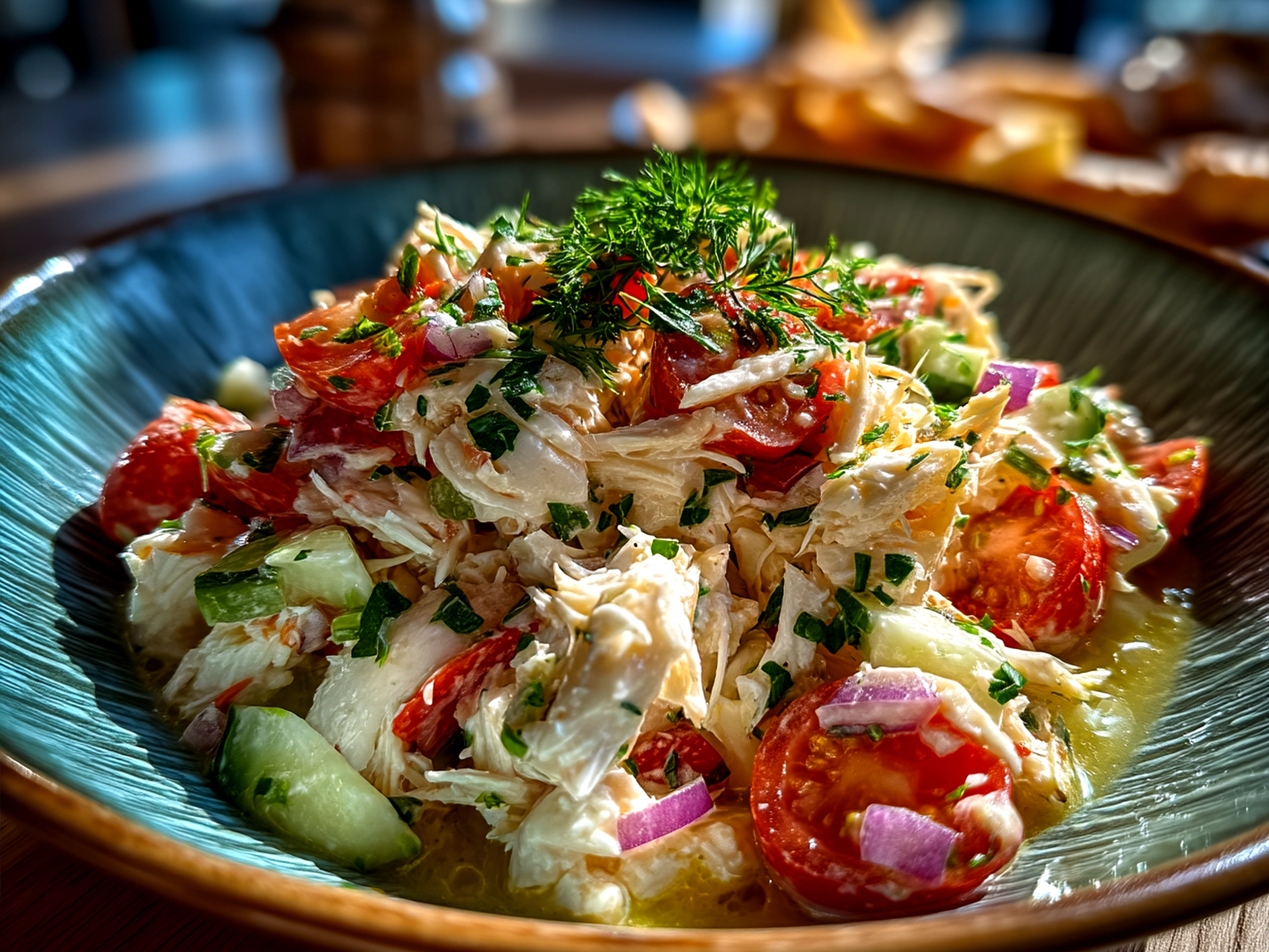 Prepared Crab Salad served in a bowl garnished with fresh herbs