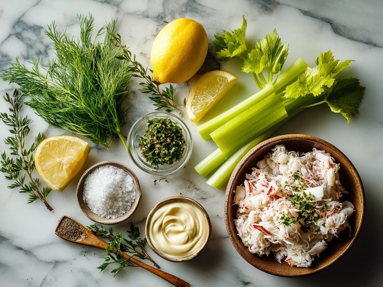 Ingredients for Crab Salad laid out on a table