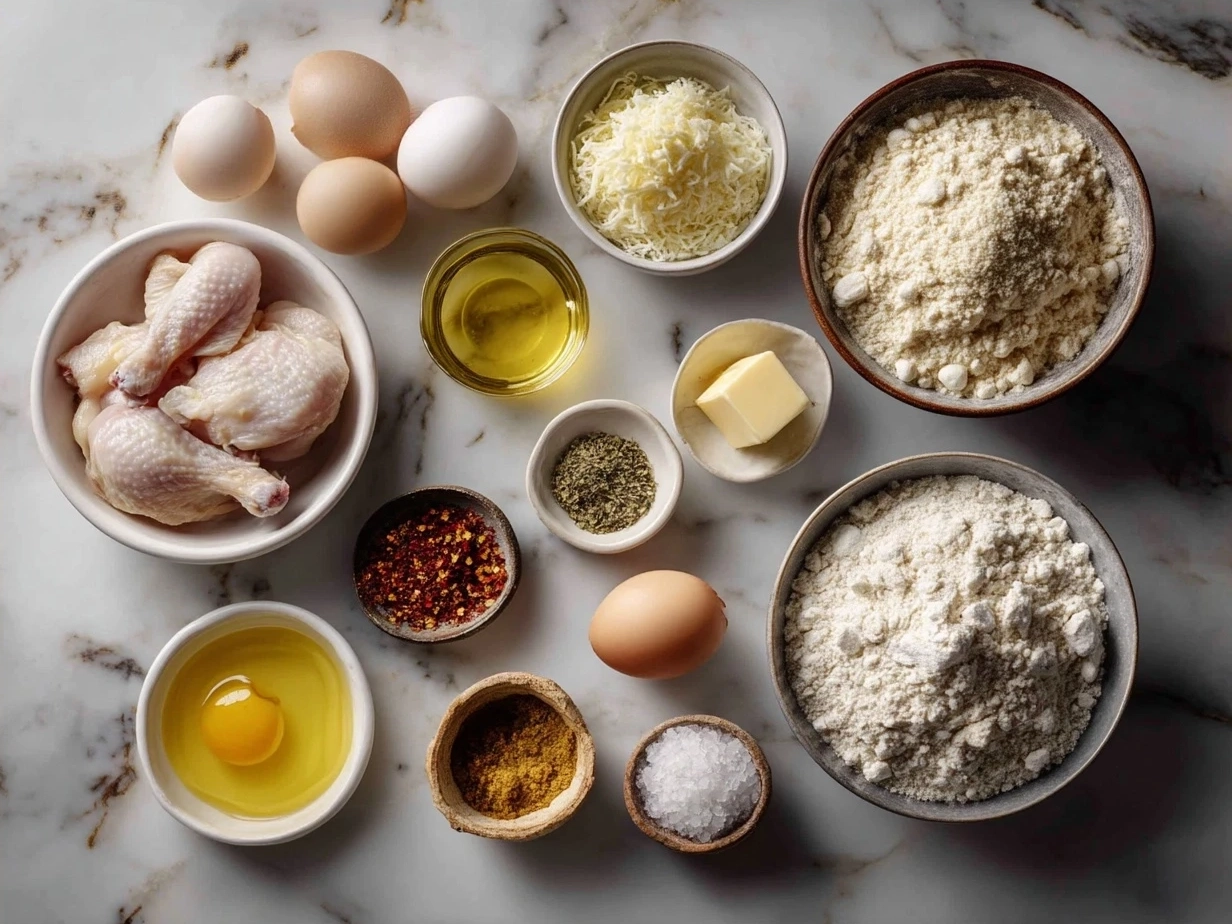 Ingredients for Crispy Chicken Waffle laid out on a kitchen counter