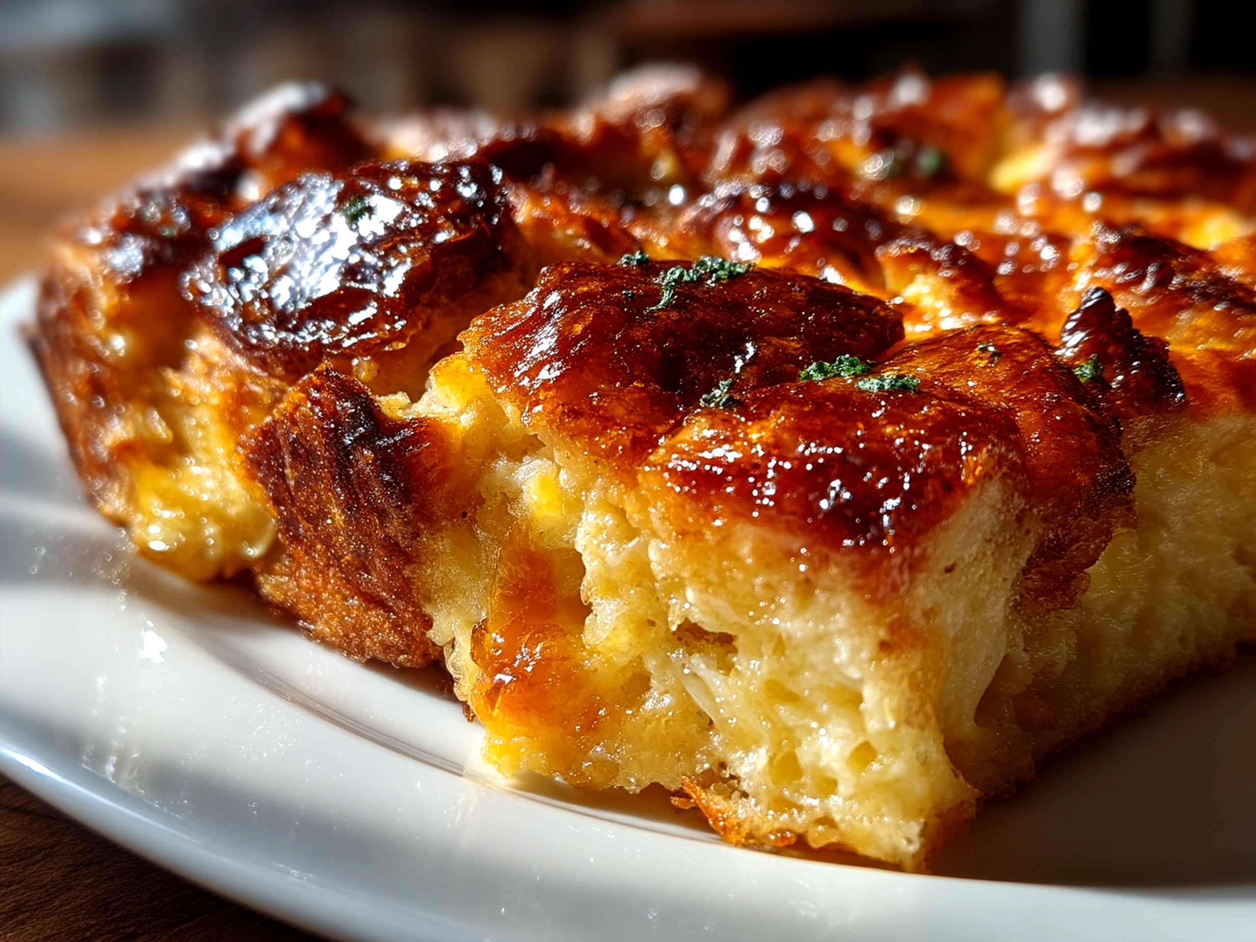 Baked Croissant Breakfast Casserole ready to serve, garnished with green onions.