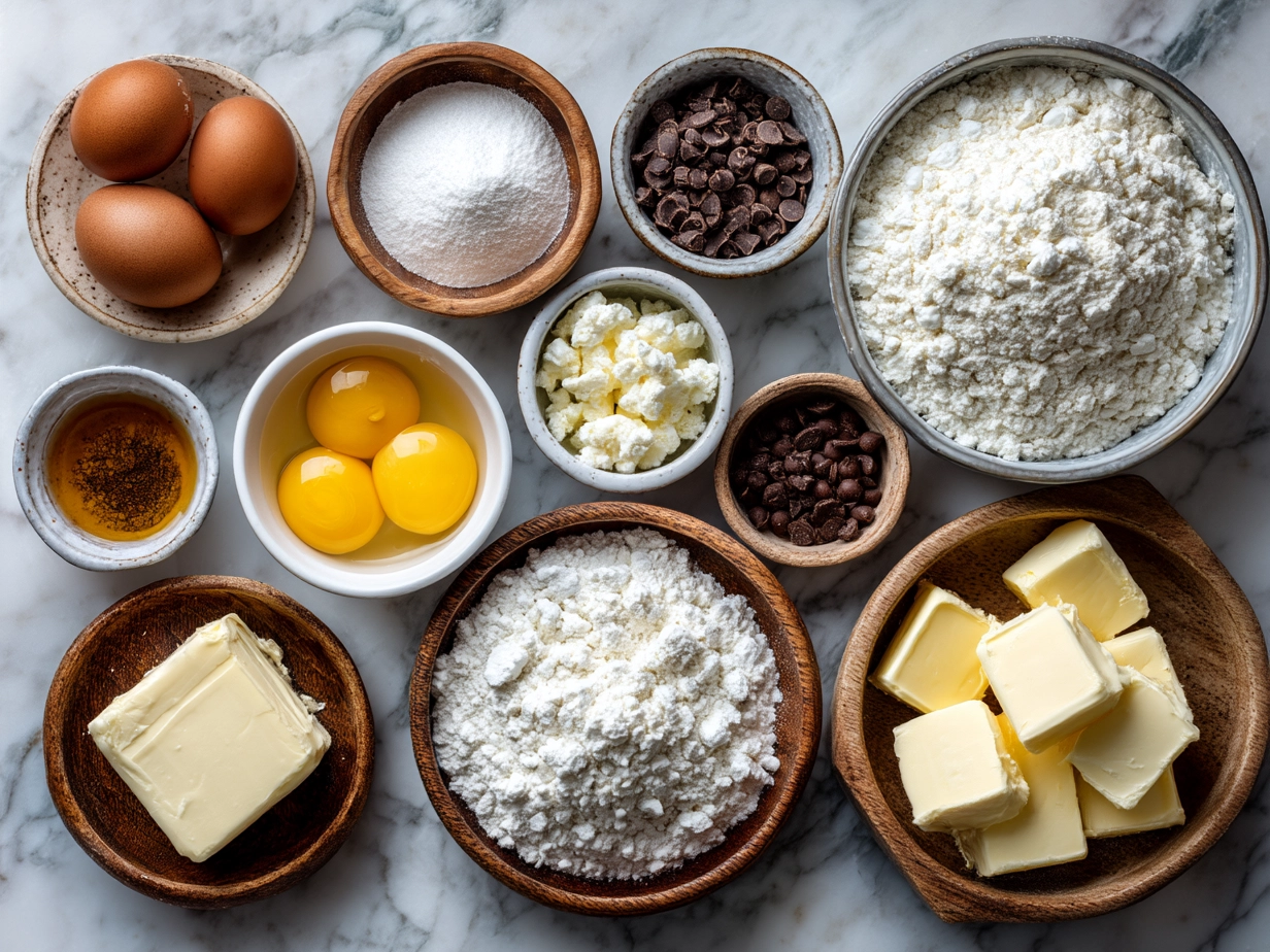 Ingredients for Croissant Breakfast Casserole, including croissants, eggs, cheese, and sausage.
