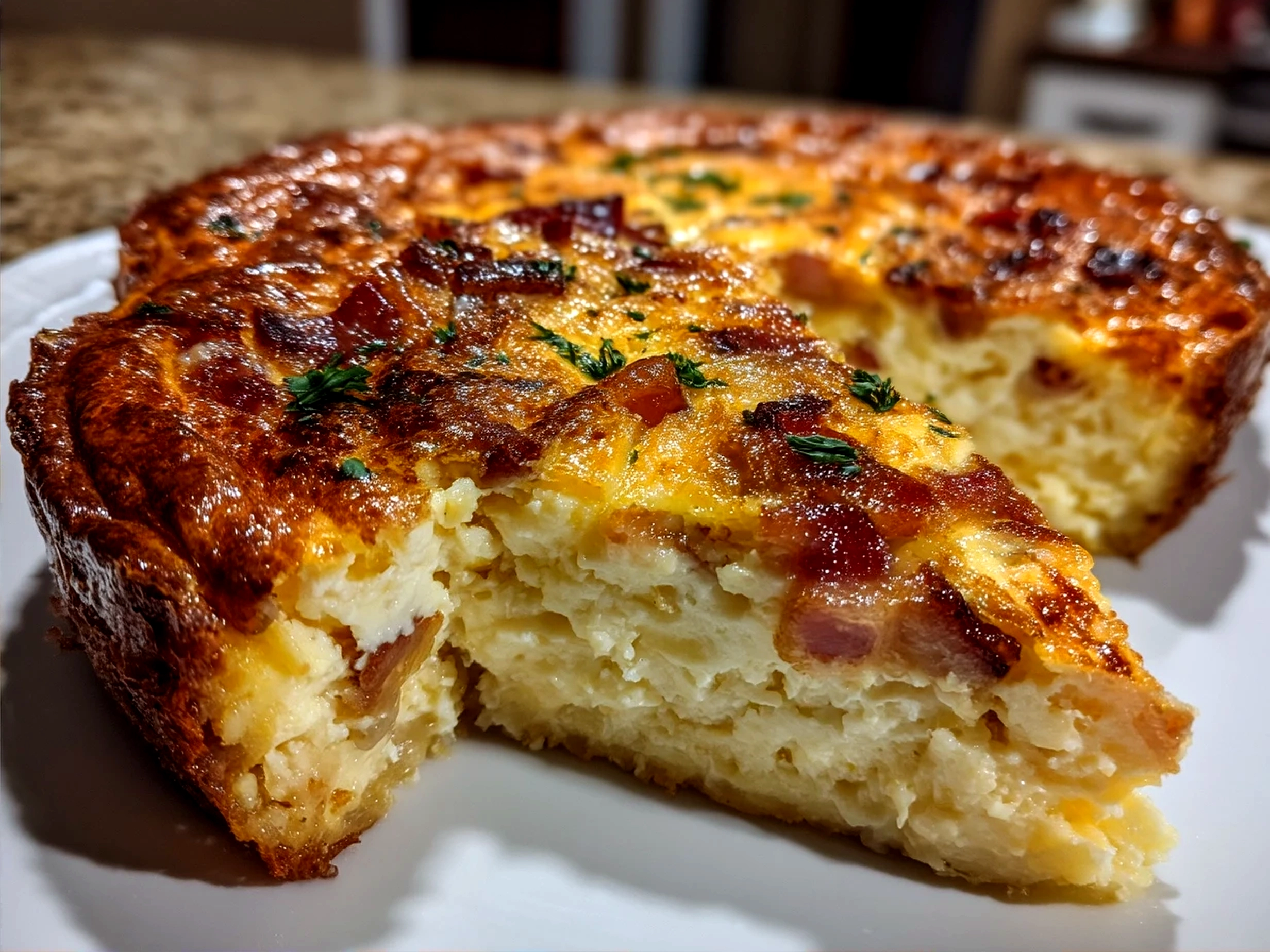 Serving of Crustless Bacon Cheese Quiche with fresh herbs