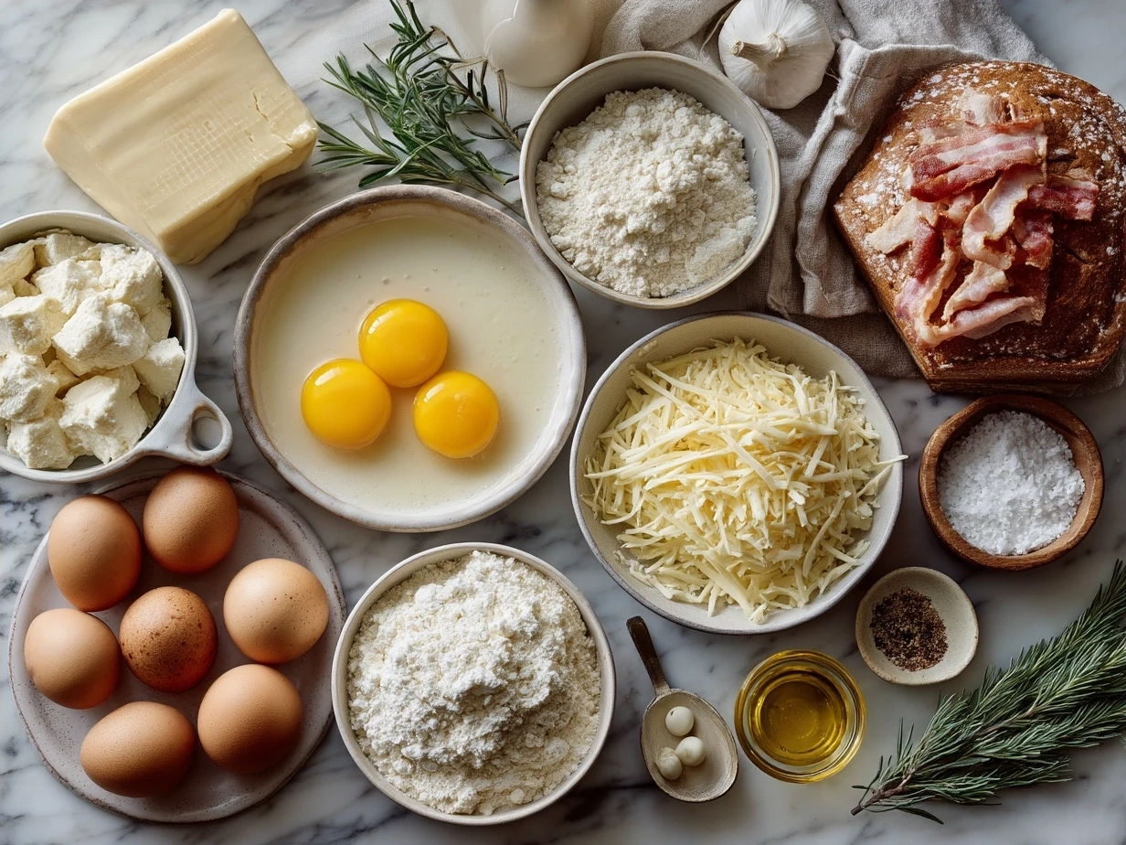 Ingredients for Crustless Bacon Cheese Quiche including eggs, bacon, cheese, milk, and onions