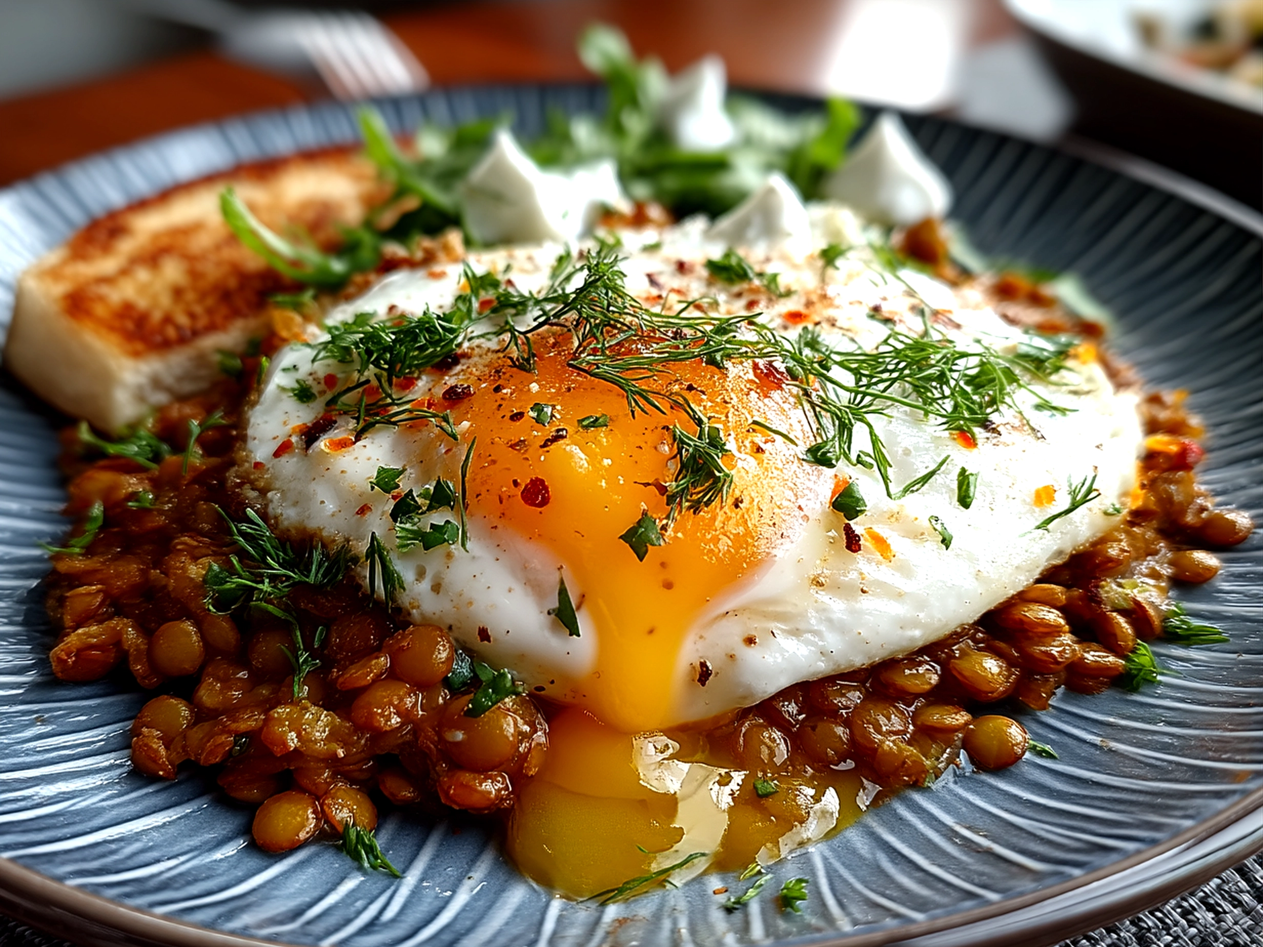 Serving of Eggcentric lentils with poached egg and yogurt with fresh herbs and lemon