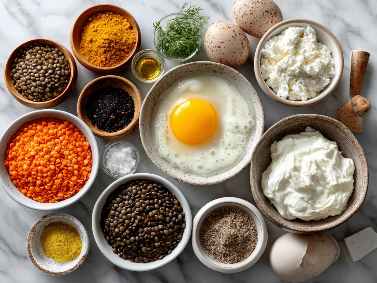Ingredients for Eggcentric lentils with poached egg and yogurt including lentils, eggs, Greek yogurt, and spices