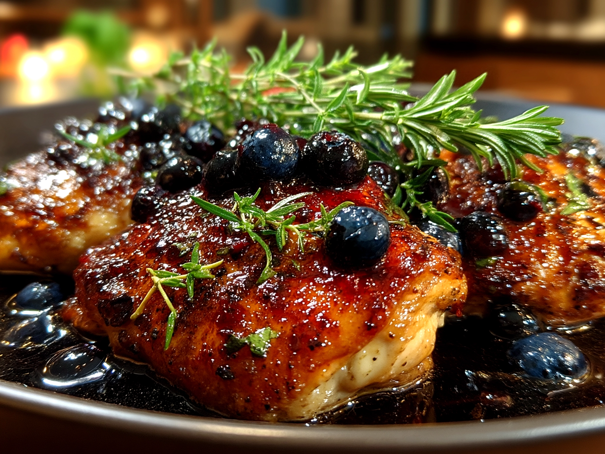 Close-up of finished Blueberry Thyme Chicken served on a plate with blueberry sauce