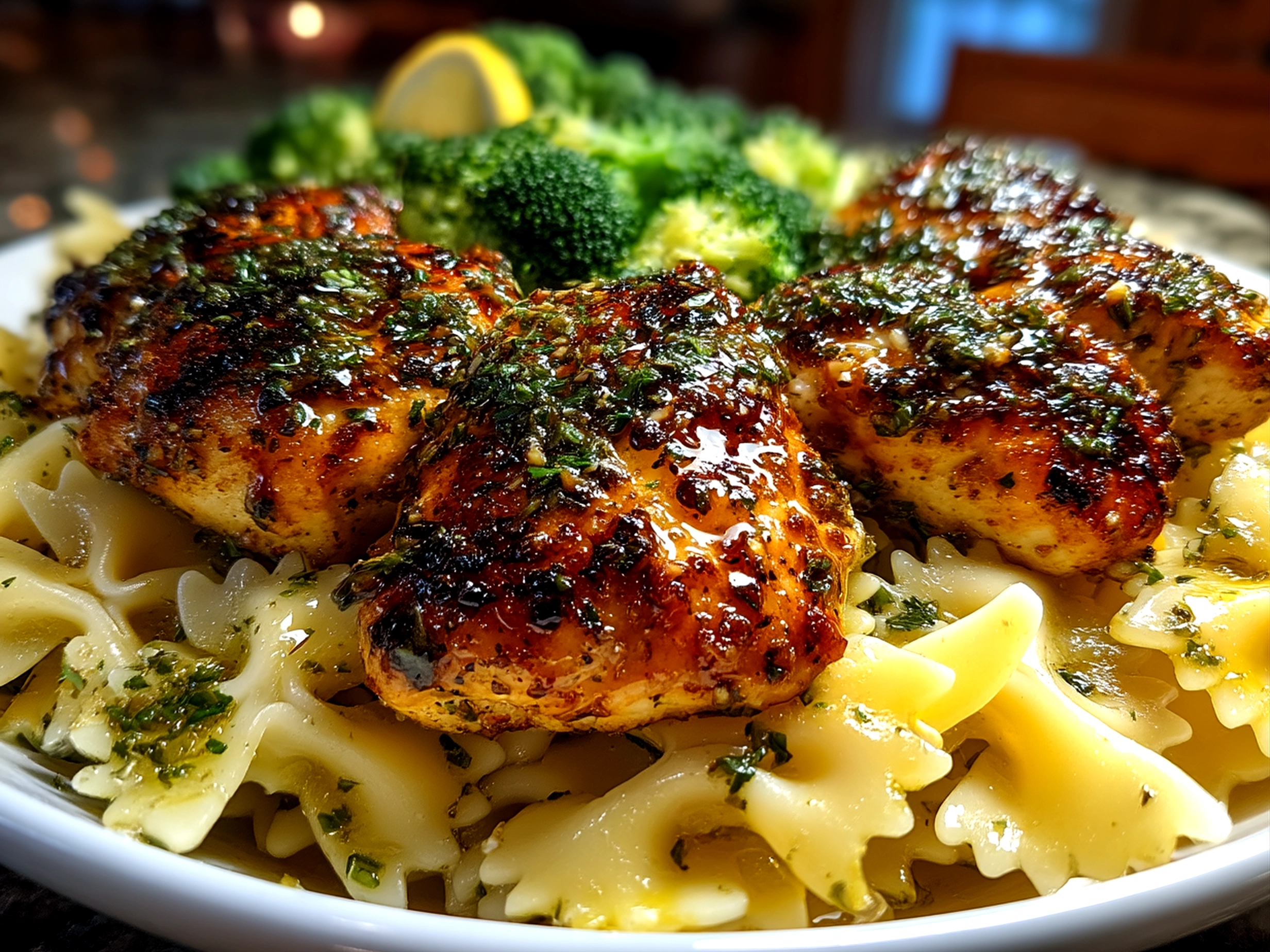 Close up shot of plated Cowboy Butter Lemon Bowtie Chicken with Broccoli ready to serve