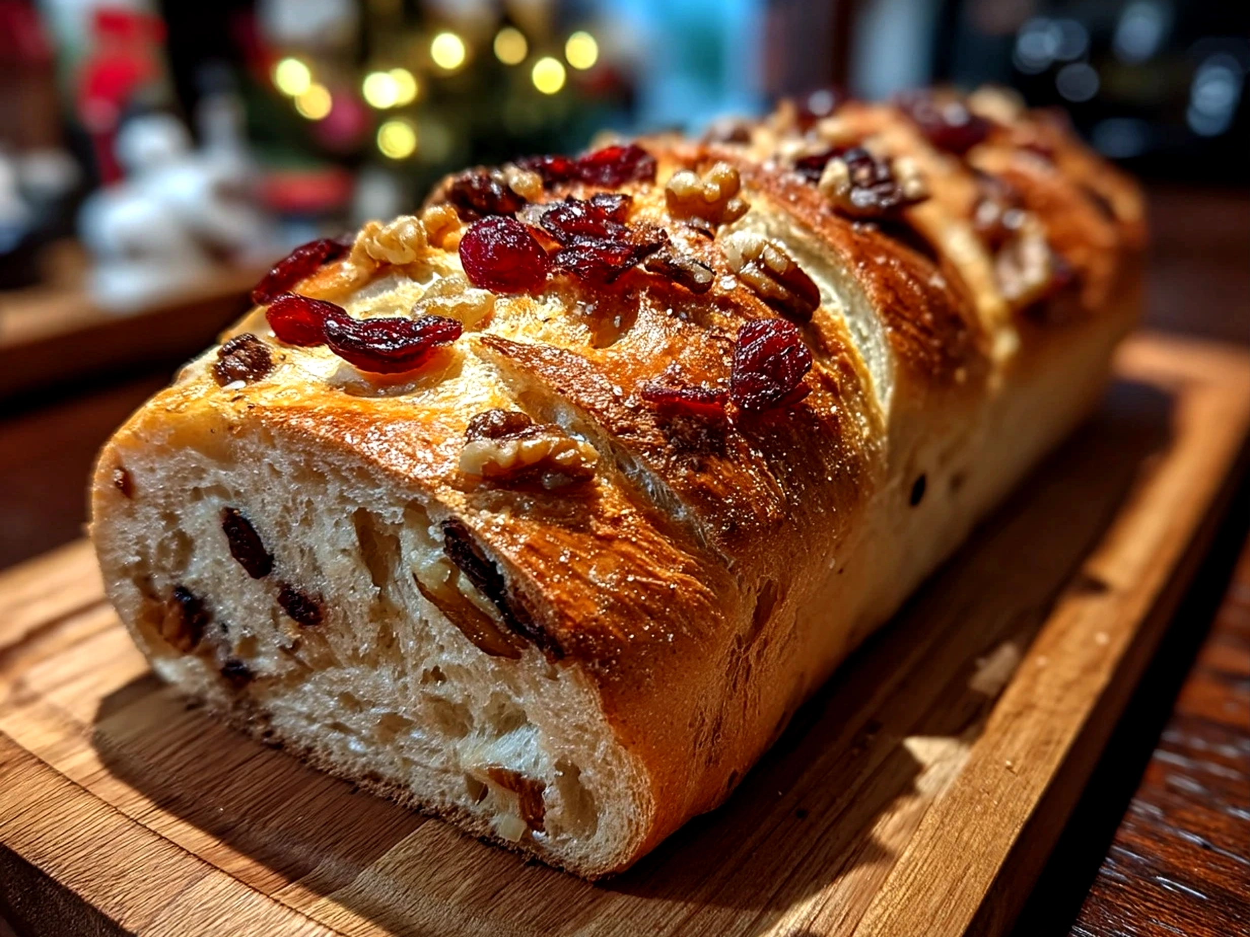 Finished Cranberry Raisin Walnut Cinnamon Artisan Bread close-up