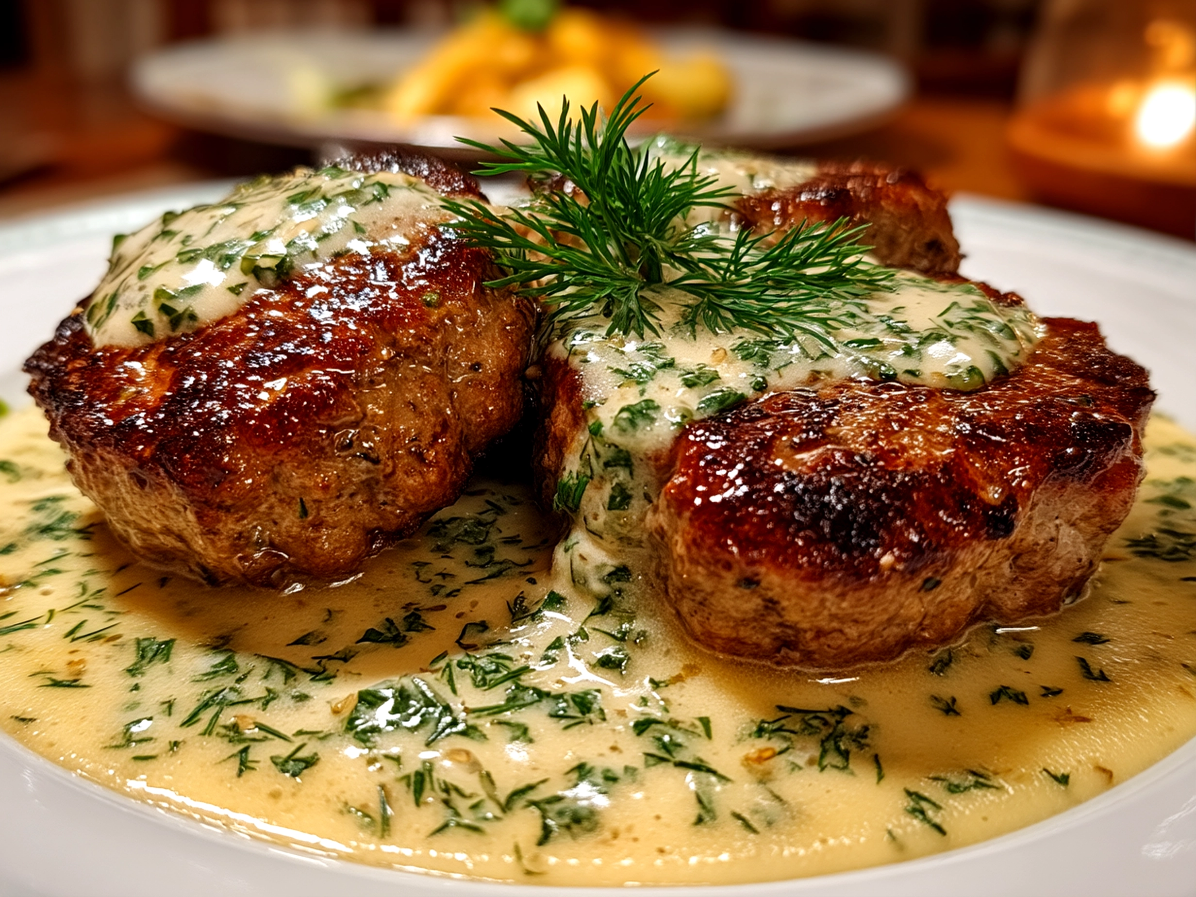 Finished creamy dill sauce spooned over cooked hamburger steaks on a plate