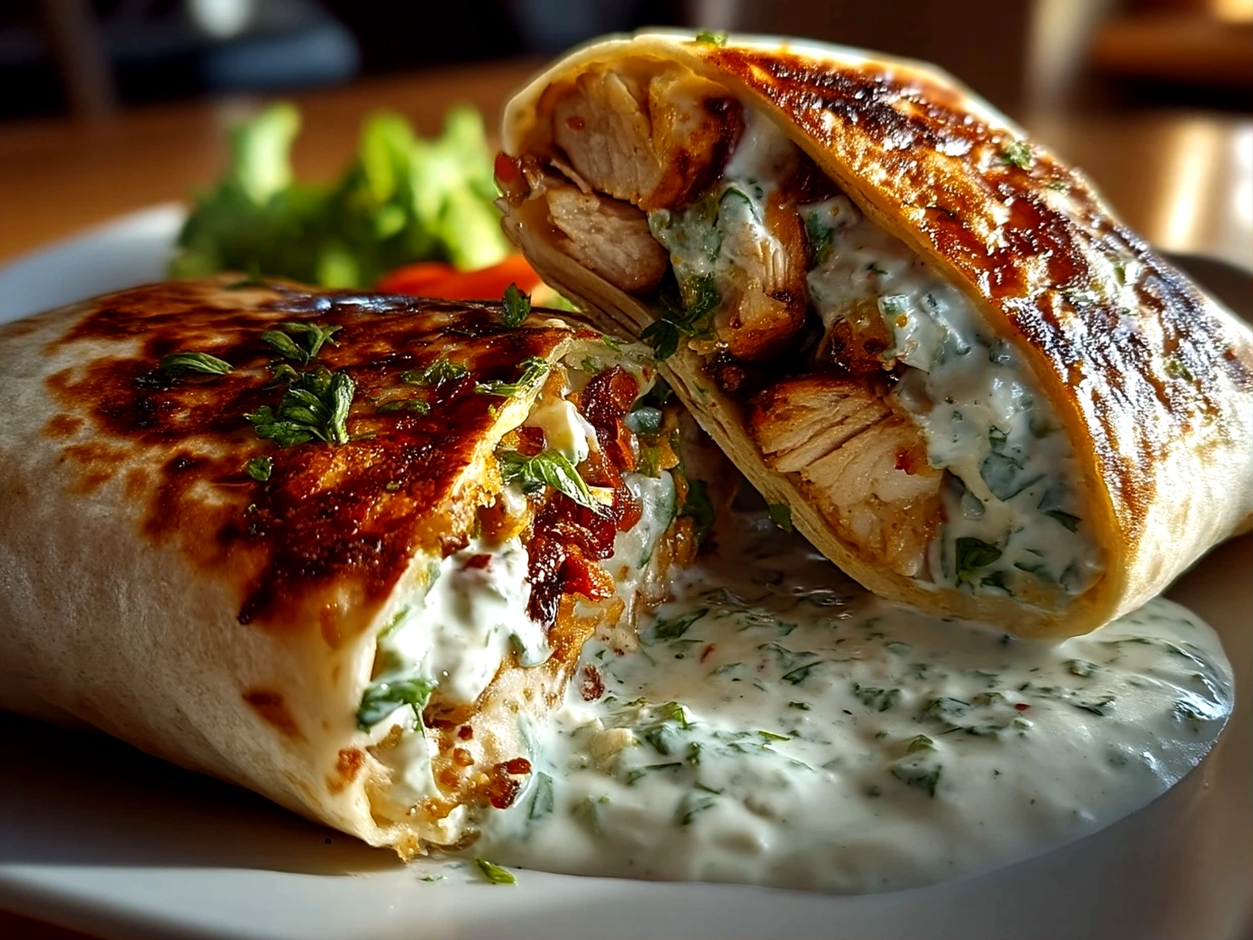 Close-up of finished Chicken Avocado Ranch Burritos ready to be served