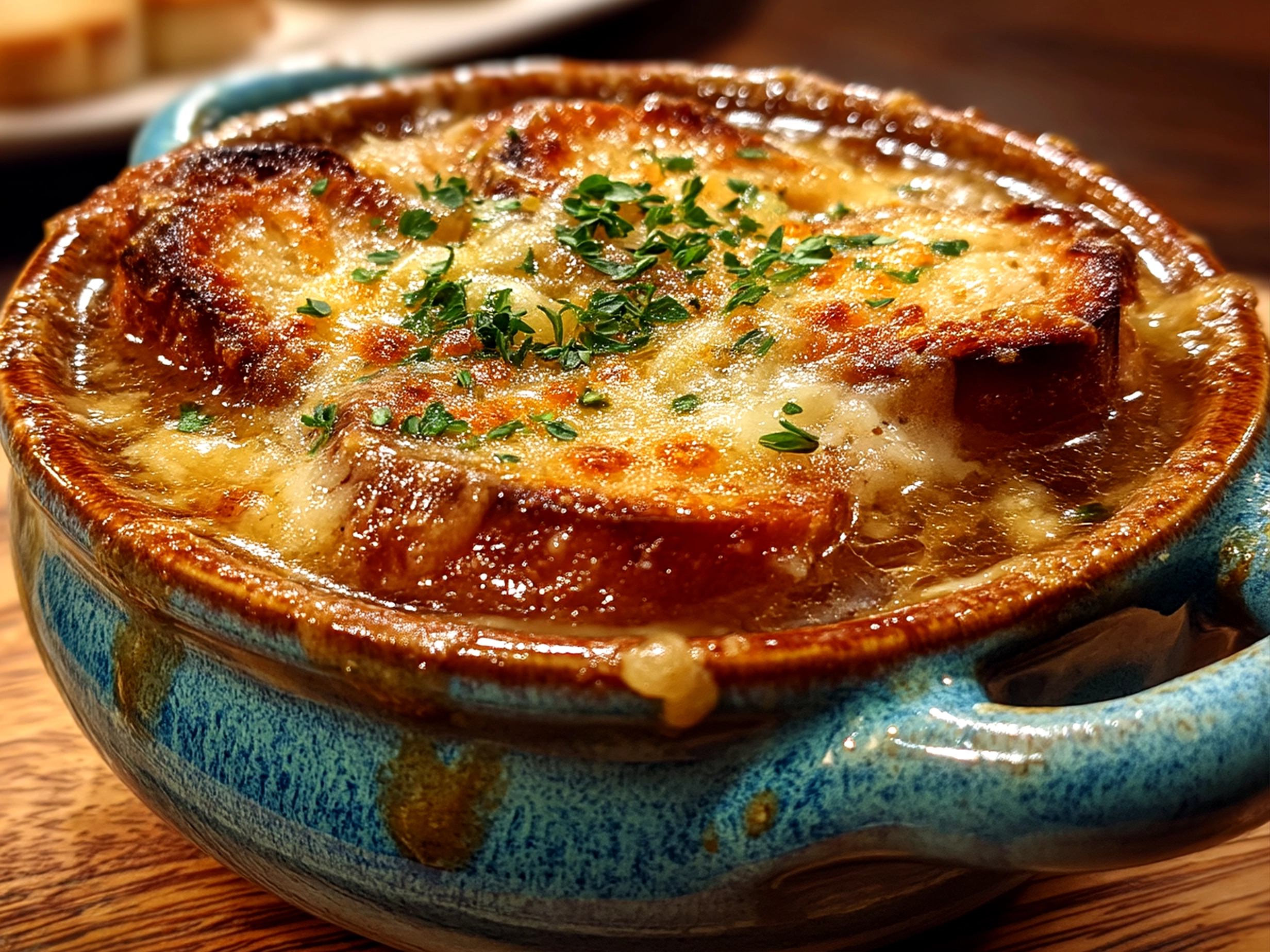 Finished Dutch Oven French Onion Soup topped with toasted baguette and melted Gruyère cheese