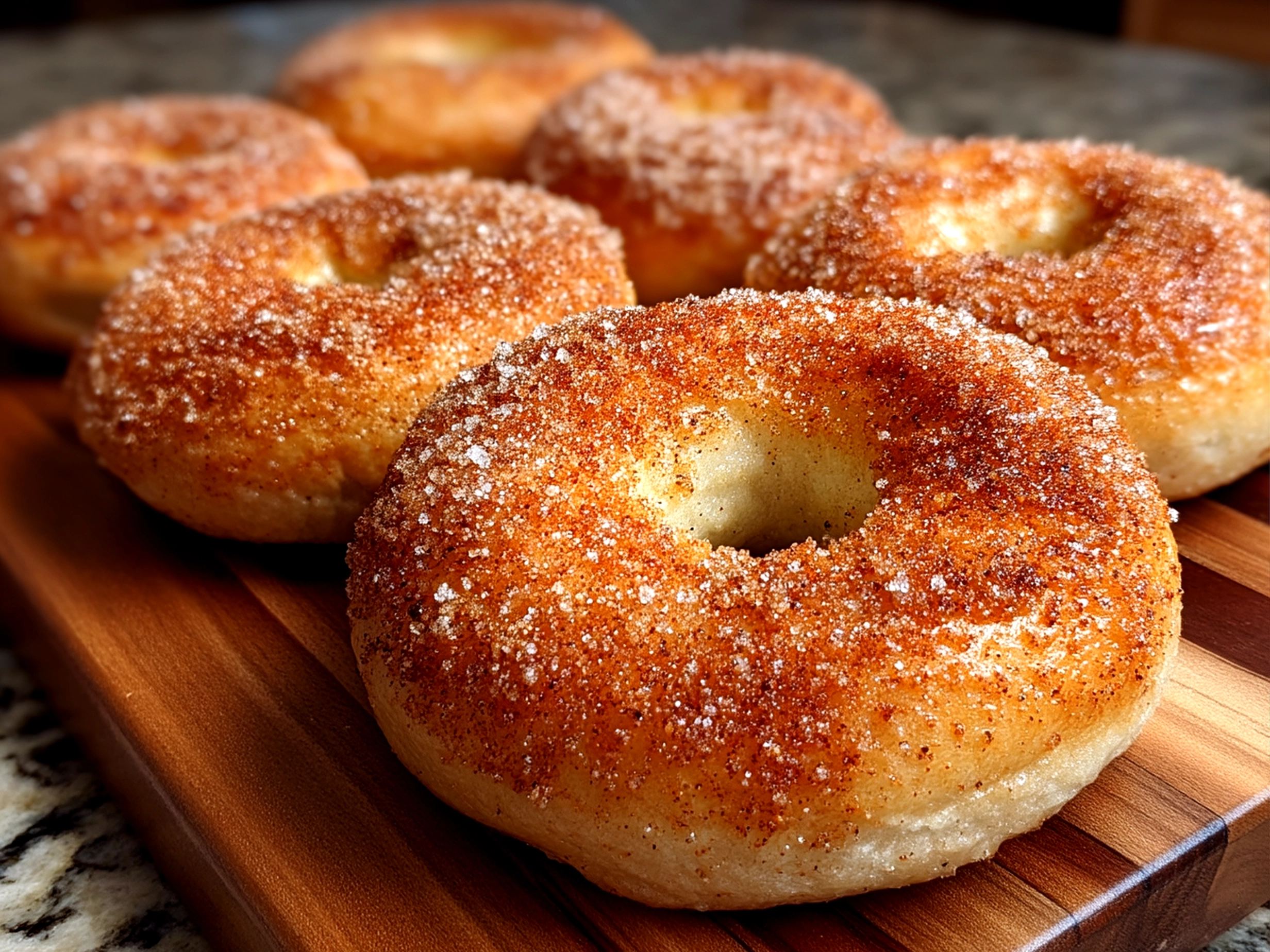 Close-up of finished fresh cinnamon sugar bagels on a plate ready to eat