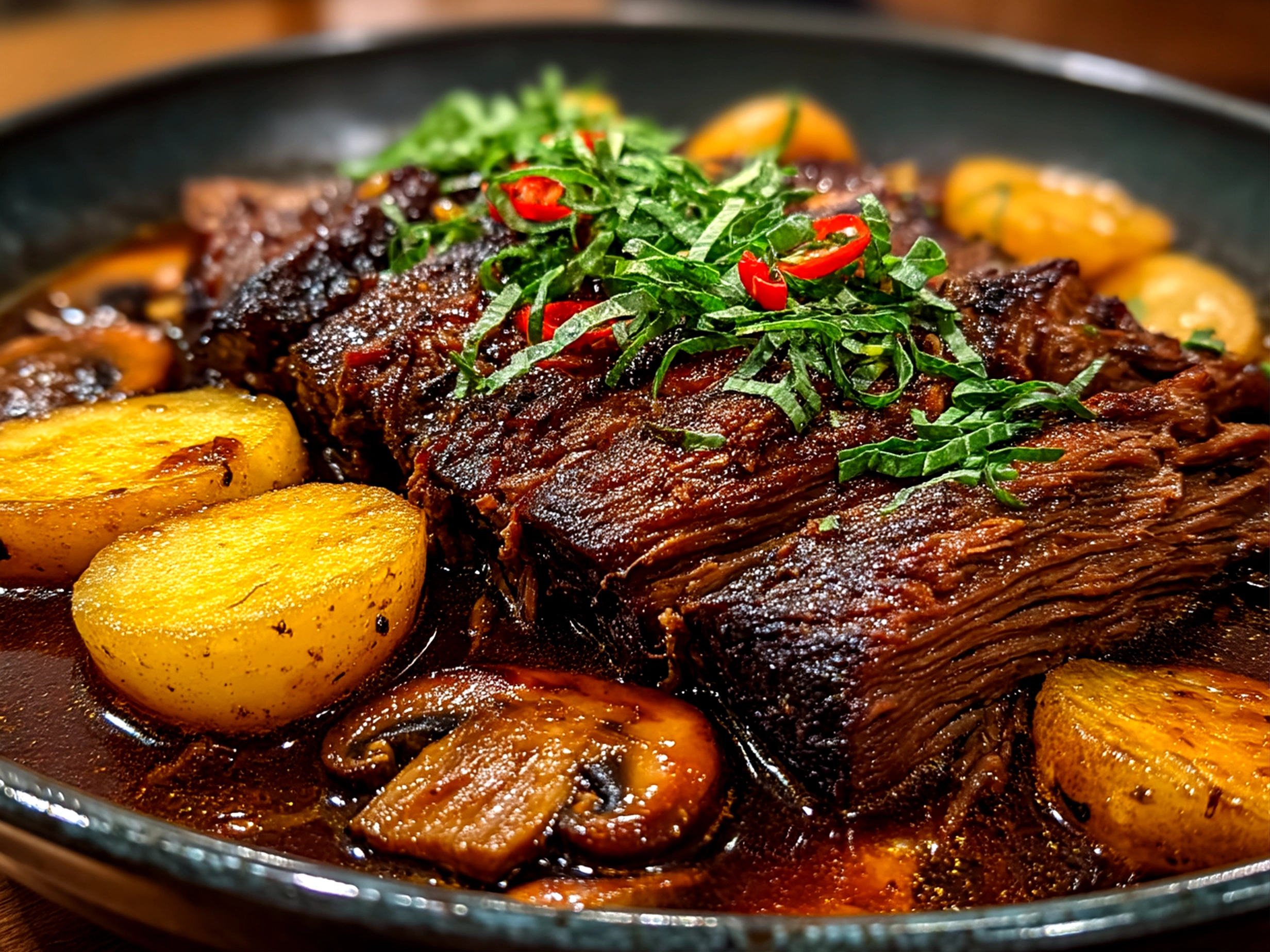 Close-up of finished Korean Pot Roast with tender beef and vegetables